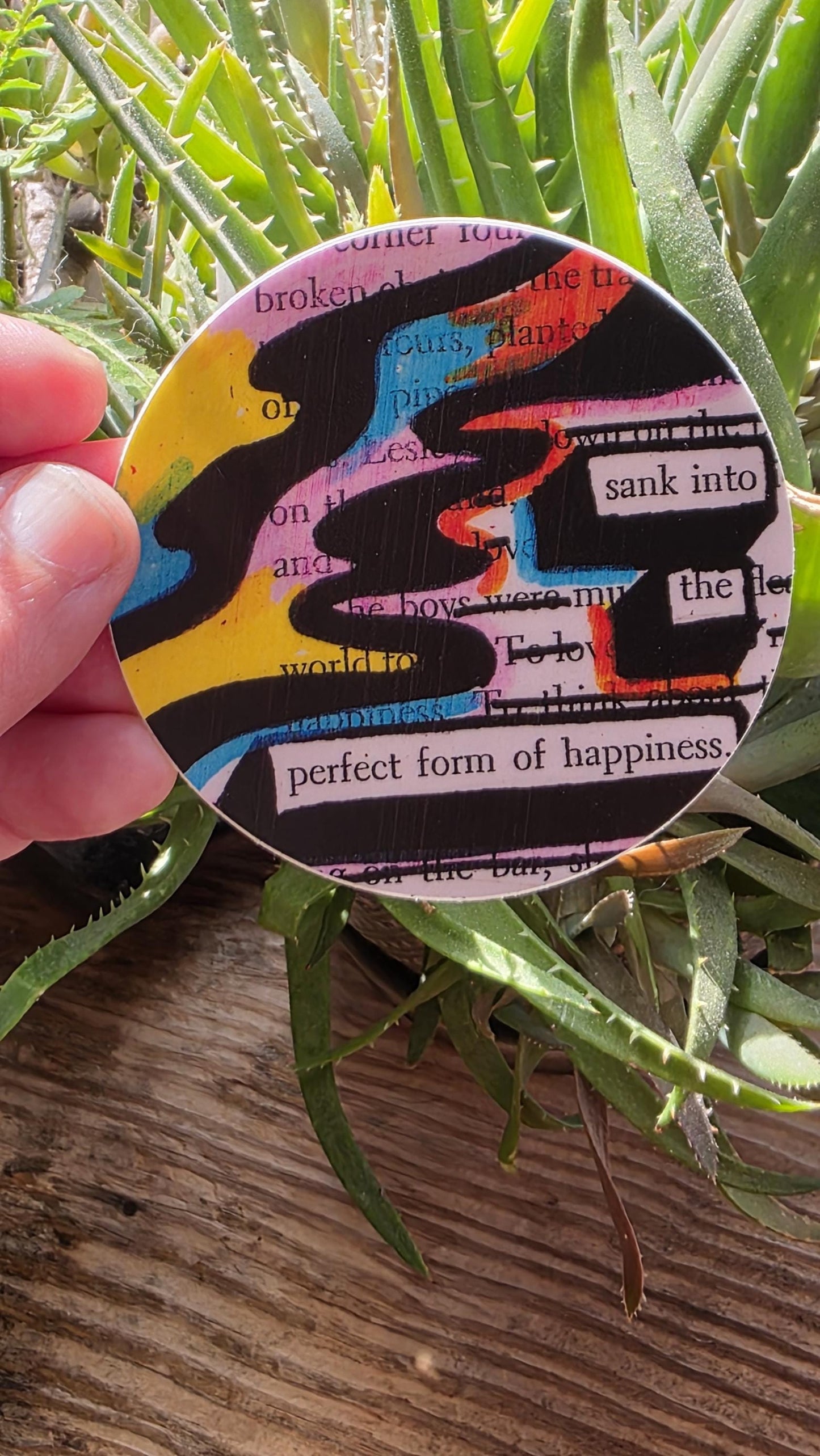 Sank Into Happiness Sticker, 3" Round Blackout Poetry Decal, Colorful Abstract Art, Waterproof Vinyl, Positive Quote, Book Lover Gift