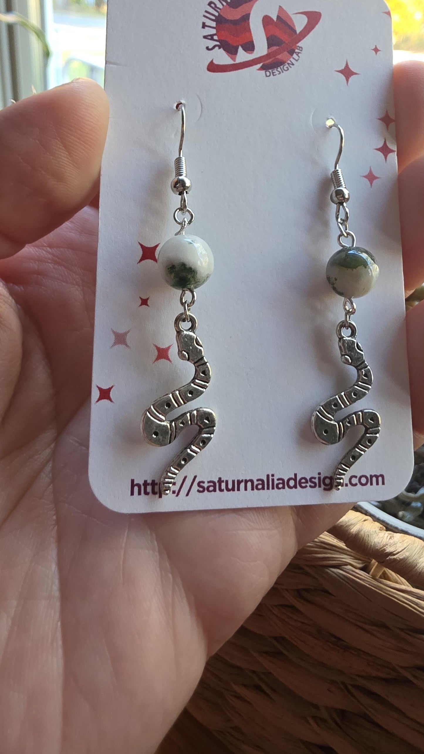 Snake Earrings with Moss Agate, Silver Snake Charm Earrings, Witchy Jewelry, Transformation Symbol, New Age Gift, Handmade Boho Earrings