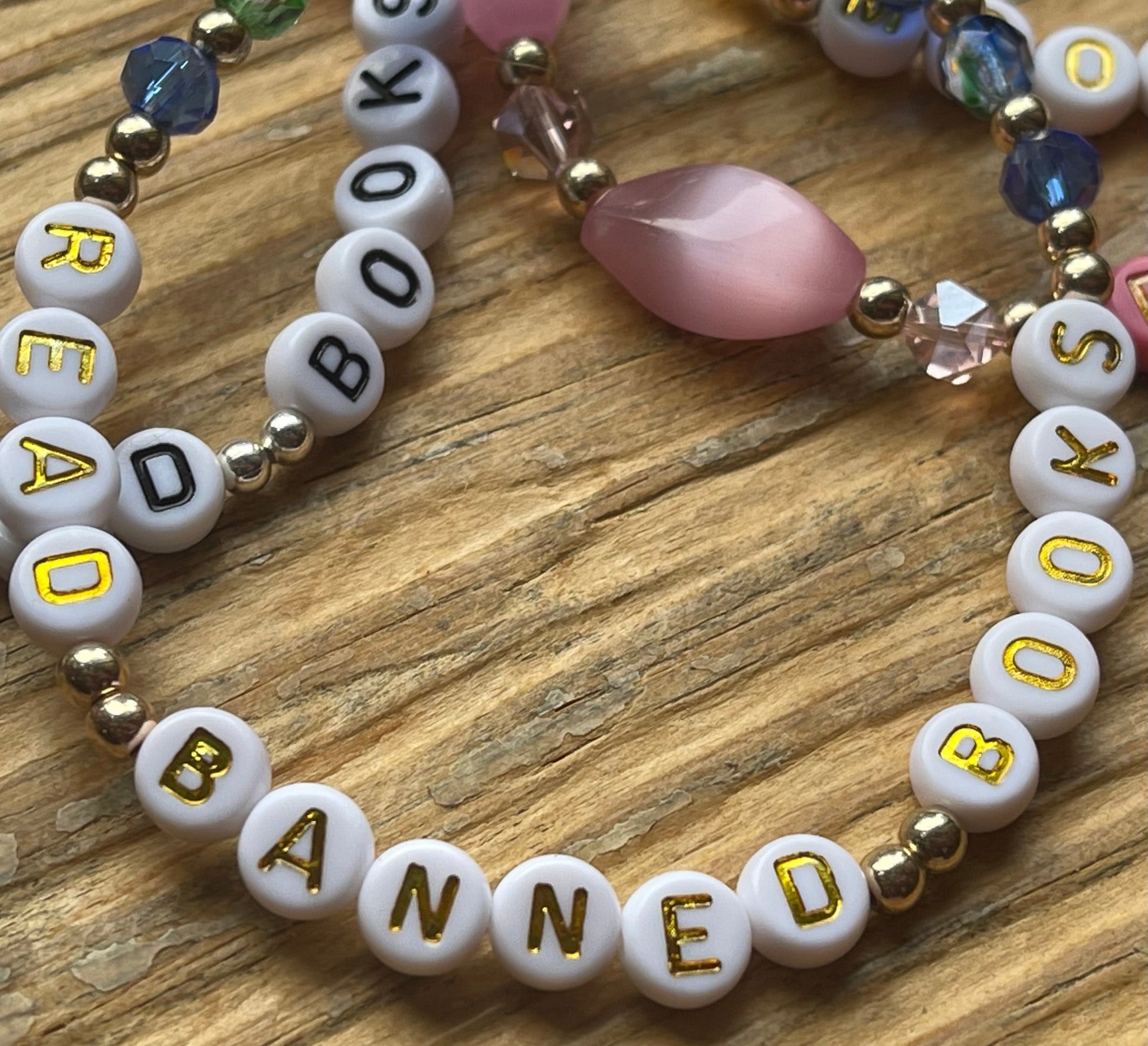 READ BANNED BOOKS Bracelet, Blue and Multicolored Crystals, 7.5 inches, elastic wristband, dainty accessories, literary activism bracelet