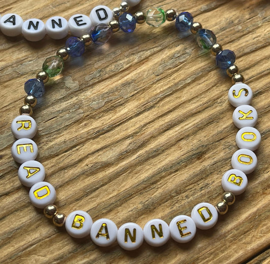 READ BANNED BOOKS Bracelet, Blue and Multicolored Crystals, 7.5 inches, elastic wristband, dainty accessories, literary activism bracelet