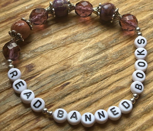 READ BANNED BOOKS, 7.75-inch bracelet, glass and crystal beads, purple and silver, literary activism, booktok jewelry, bookstagram accessory