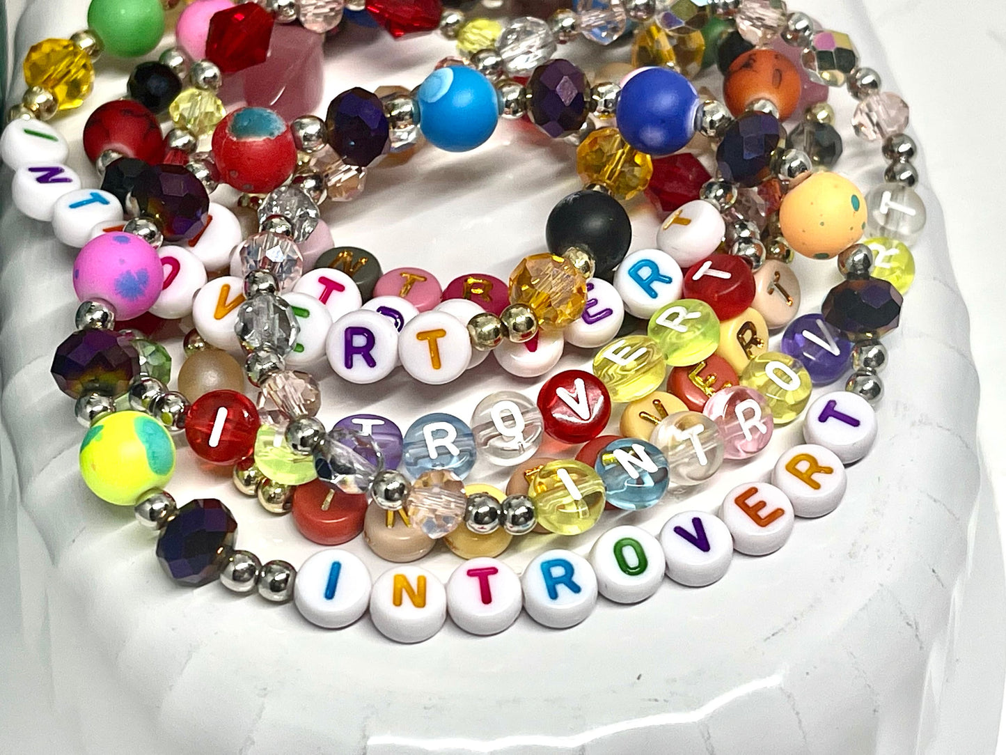 INTROVERT Bracelet | Self-Care Bracelet for Introverts | Colorful Splatter Glass Beads With Orange Crystals | Gift for Bestie