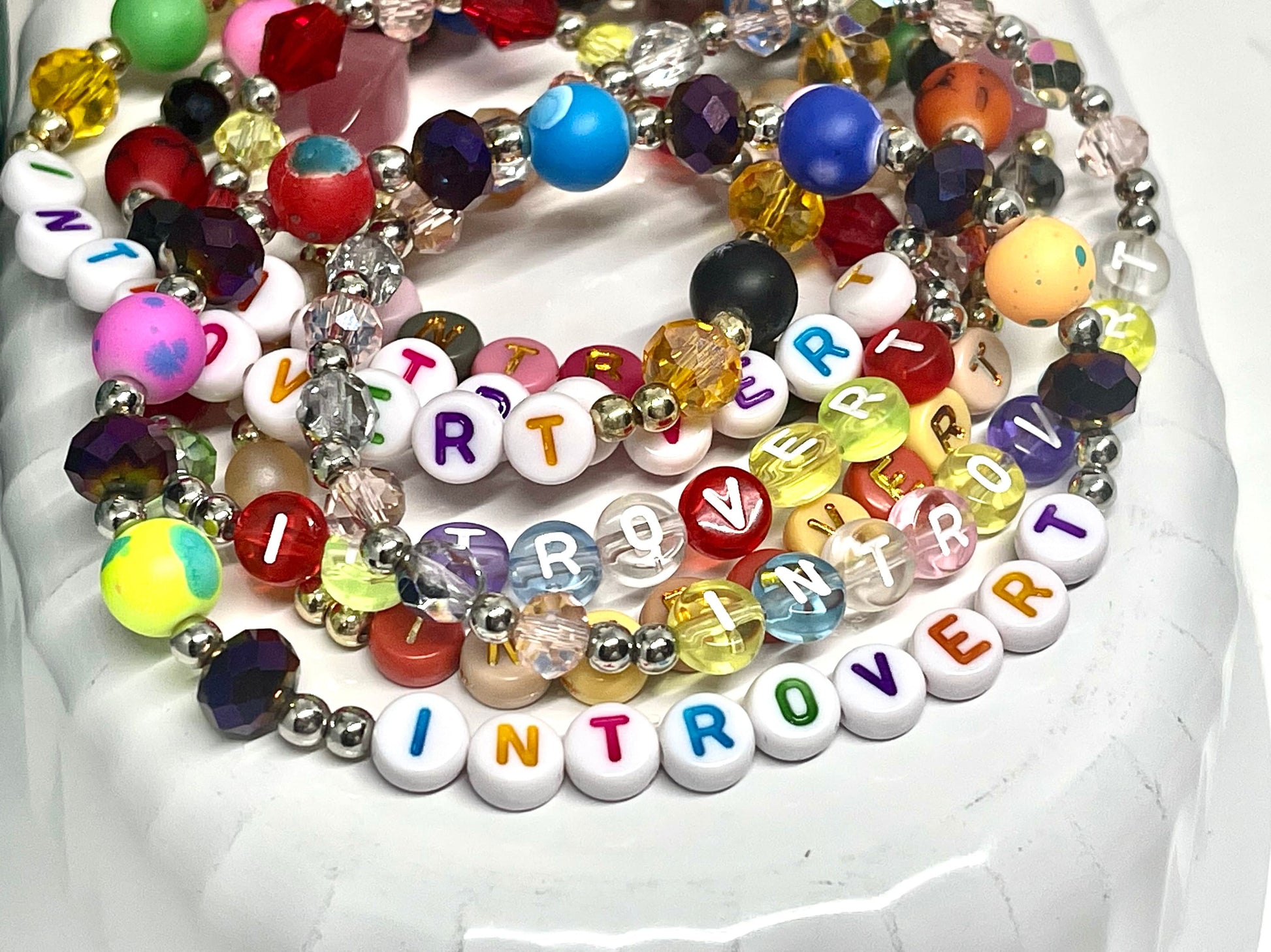 INTROVERT Bracelet | Self-Care Bracelet for Introverts | Colorful Splatter Glass Beads With Orange Crystals | Gift for Bestie