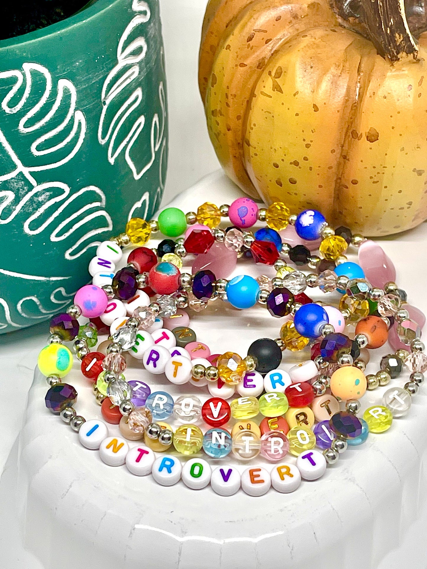 INTROVERT Bracelet | Self-Care Bracelet for Introverts | Colorful Splatter Glass Beads With Orange Crystals | Gift for Bestie