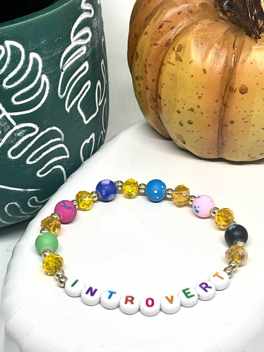 INTROVERT Bracelet | Self-Care Bracelet for Introverts | Colorful Splatter Glass Beads With Orange Crystals | Gift for Bestie