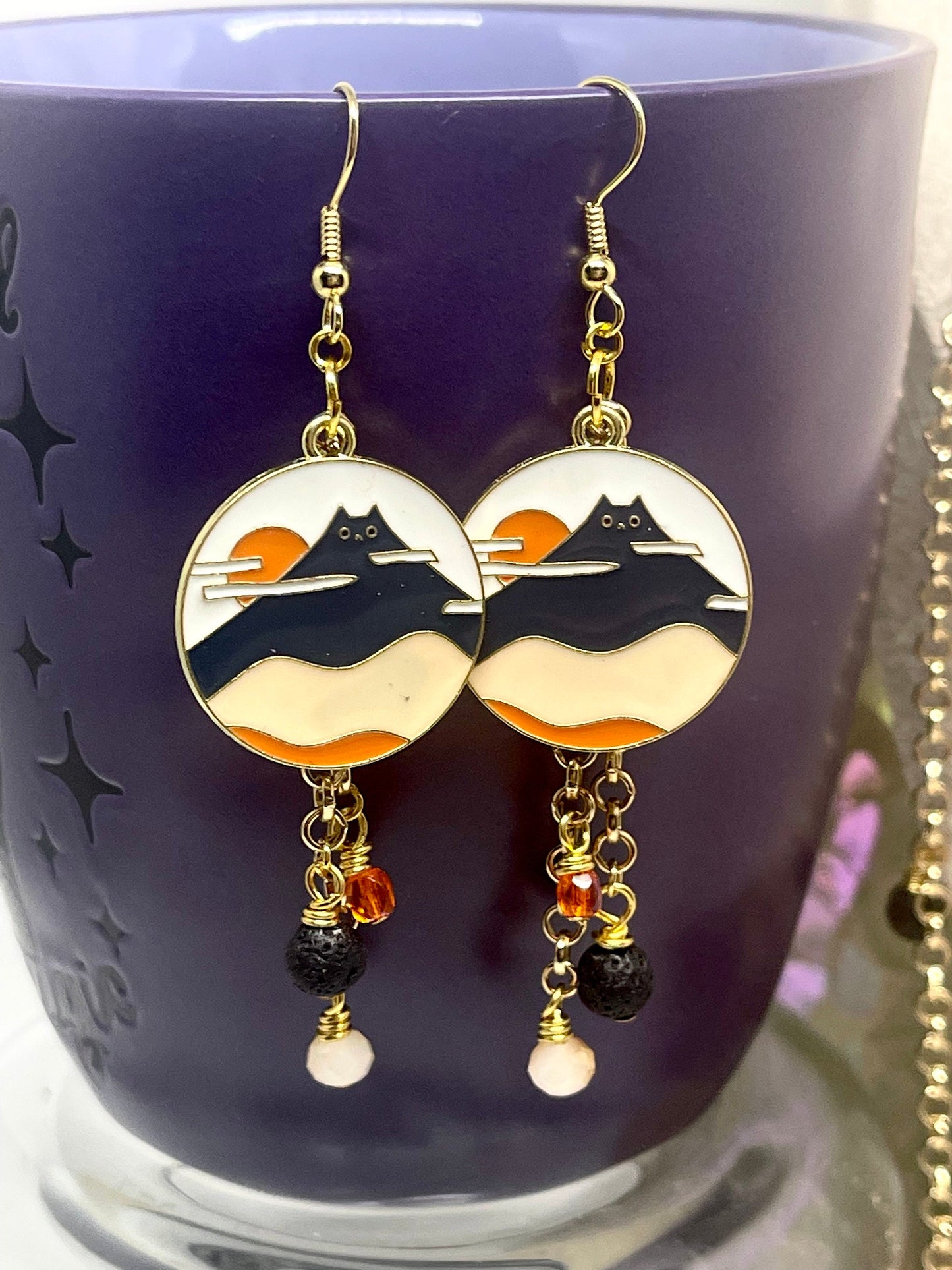 COASTAL CAT Earrings, Earrings with Color Cat Landscapes, Gifts for Cat Lovers, Cat Mom Gifts, Ready to Ship, 5 Styles