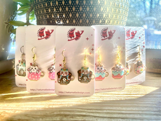 TEA TIME CAT Earrings, Cat Lover Earrings, Cute Cat Earrings, Cat Mom Gifts, Gifts for Her, Gifts for Cat Lovers, Birthday Gift, 5 Styles