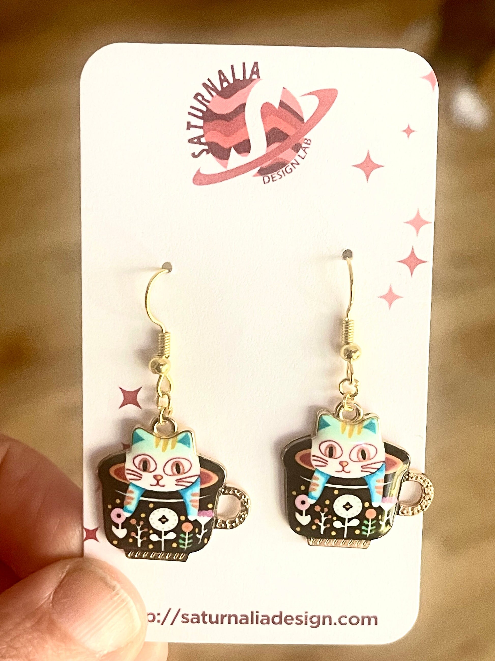 TEA TIME CAT Earrings, Cat Lover Earrings, Cute Cat Earrings, Cat Mom Gifts, Gifts for Her, Gifts for Cat Lovers, Birthday Gift, 5 Styles