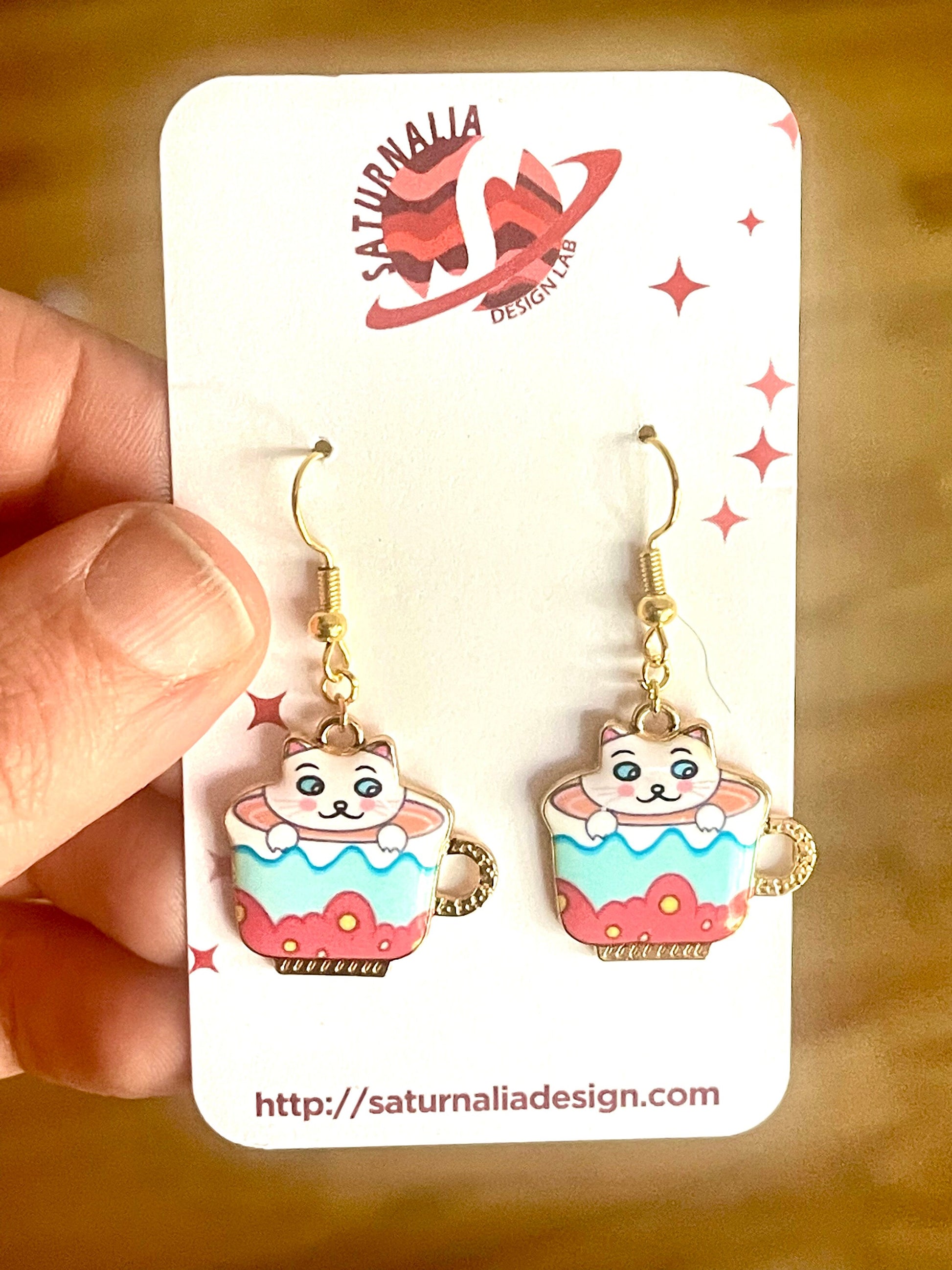 TEA TIME CAT Earrings, Cat Lover Earrings, Cute Cat Earrings, Cat Mom Gifts, Gifts for Her, Gifts for Cat Lovers, Birthday Gift, 5 Styles