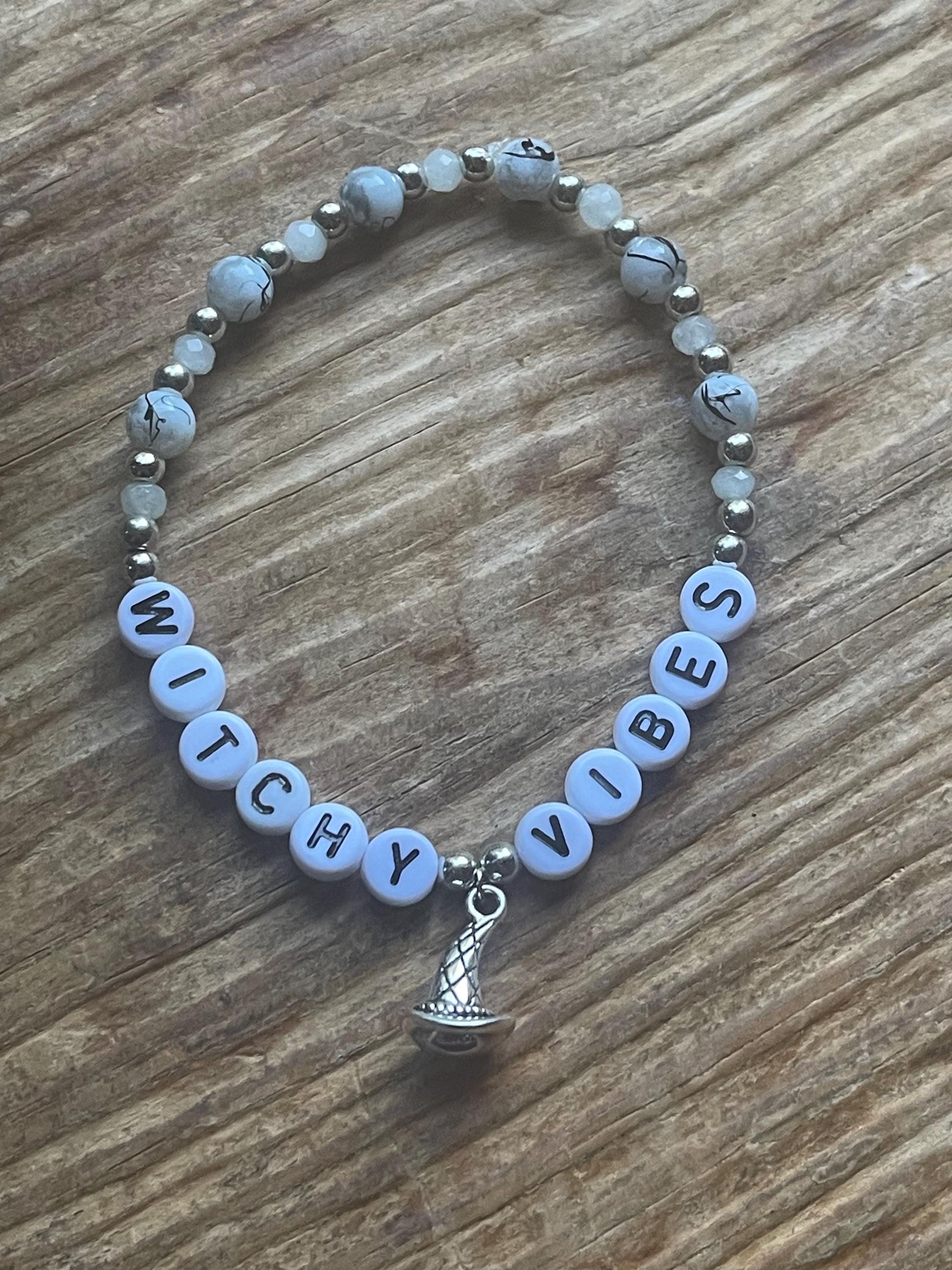 Witchy Vibes Bracelet | Unique Gothic & Boho Jewelry | 7" White Bead Bracelet with Witch Hat Charm