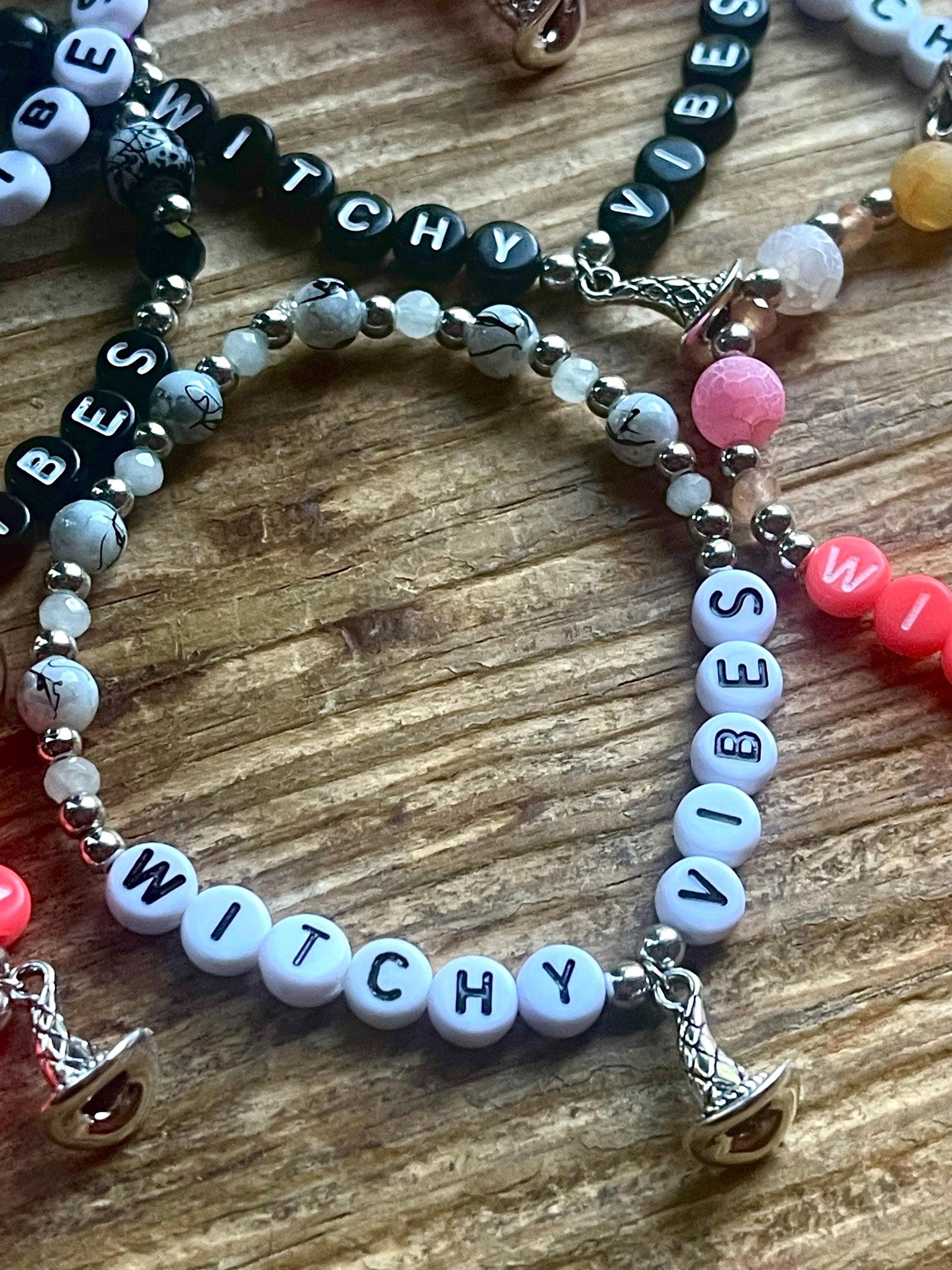 Witchy Vibes Bracelet | Unique Gothic & Boho Jewelry | 7" White Bead Bracelet with Witch Hat Charm