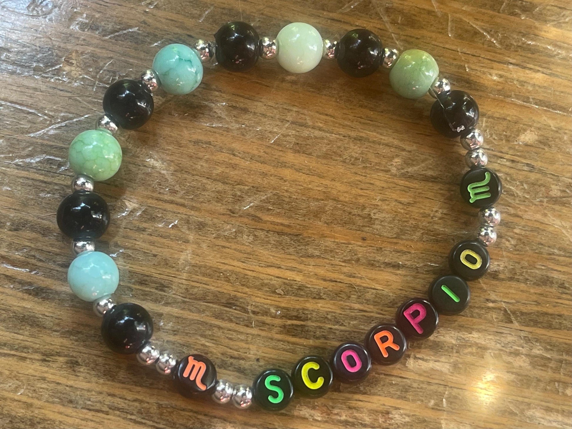 Scorpio Bracelet (October 23 - November 21) | Handmade Green and Black Astrology Bracelet | Stretch Bracelet | 6.75" Long