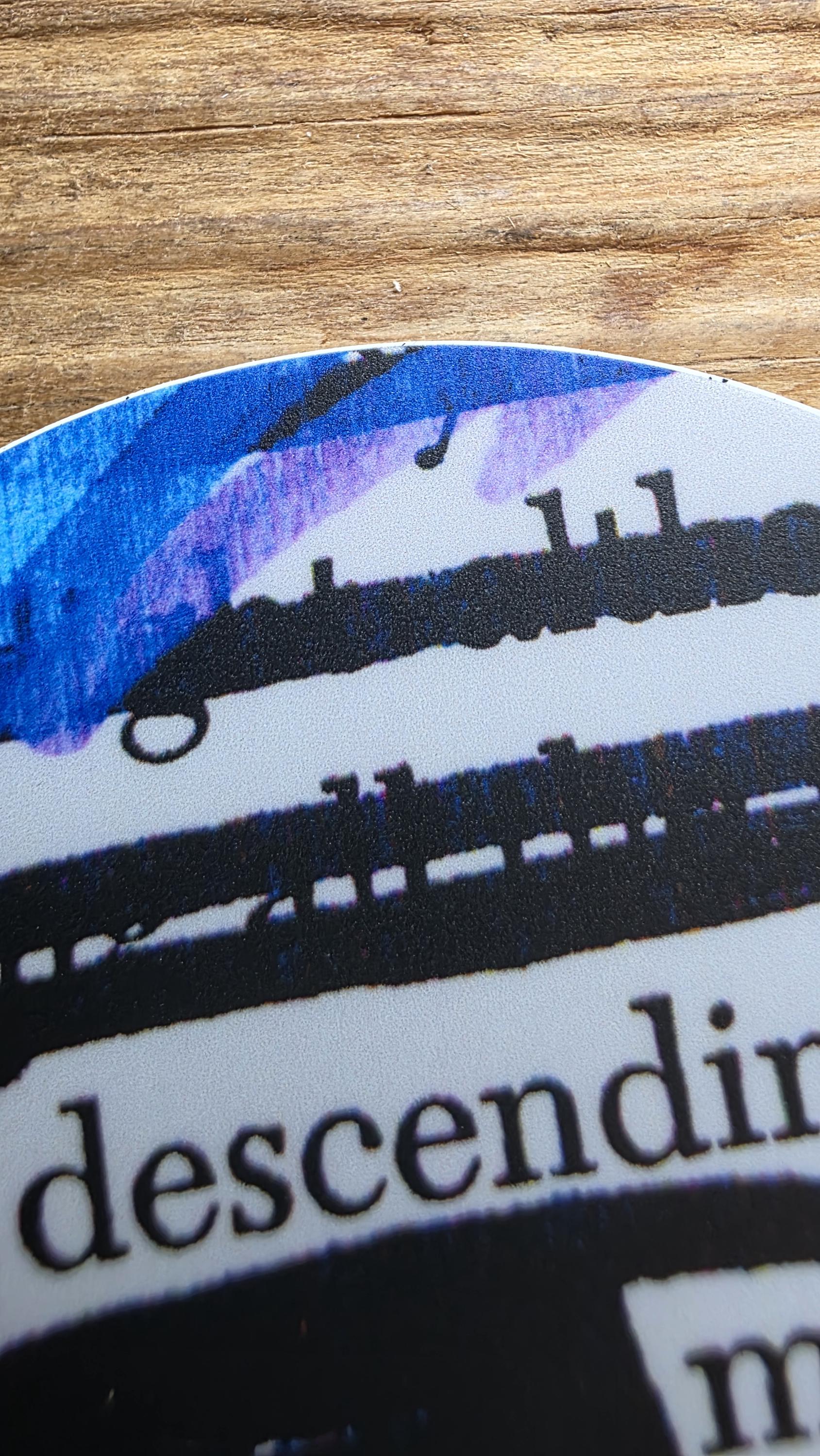 Descending on Midnight Sticker, 3" Round, Waterproof Vinyl Decal, Blackout Poetry, Dark Academia, Library Sticker, Book Lover Gift