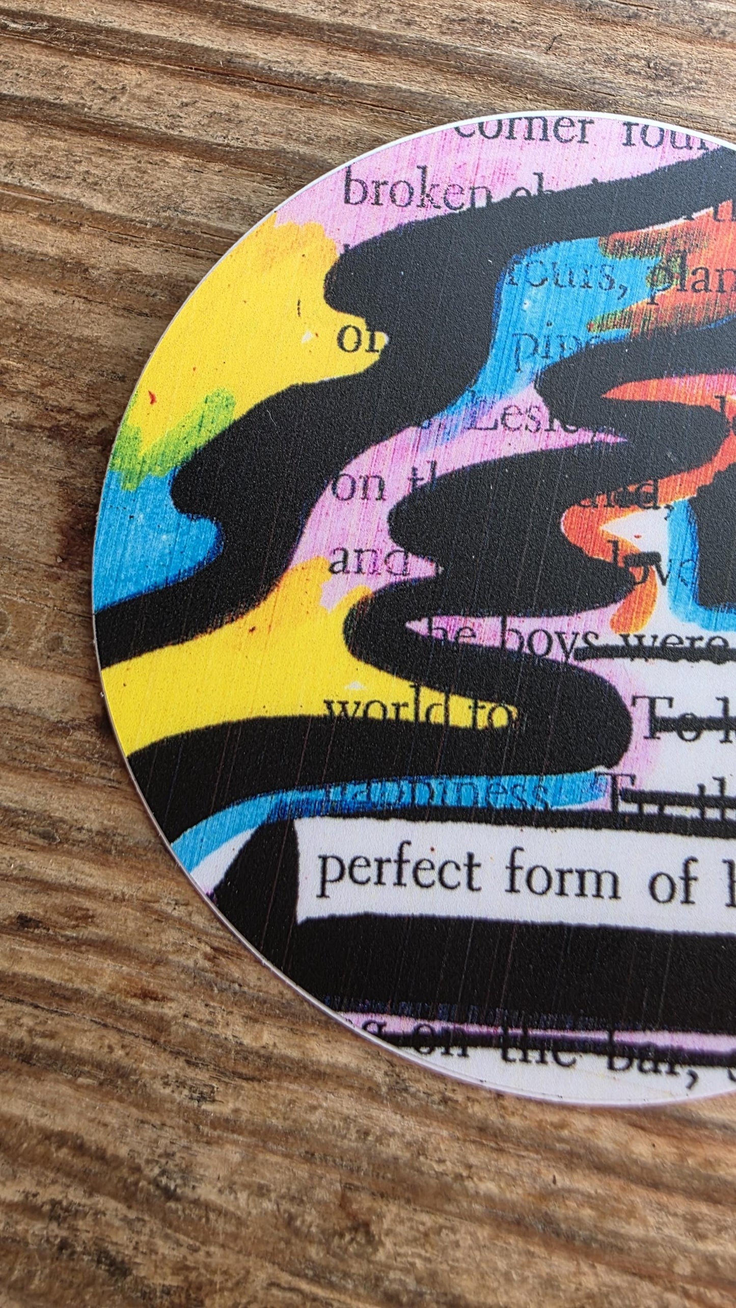 Sank Into Happiness Sticker, 3" Round Blackout Poetry Decal, Colorful Abstract Art, Waterproof Vinyl, Positive Quote, Book Lover Gift