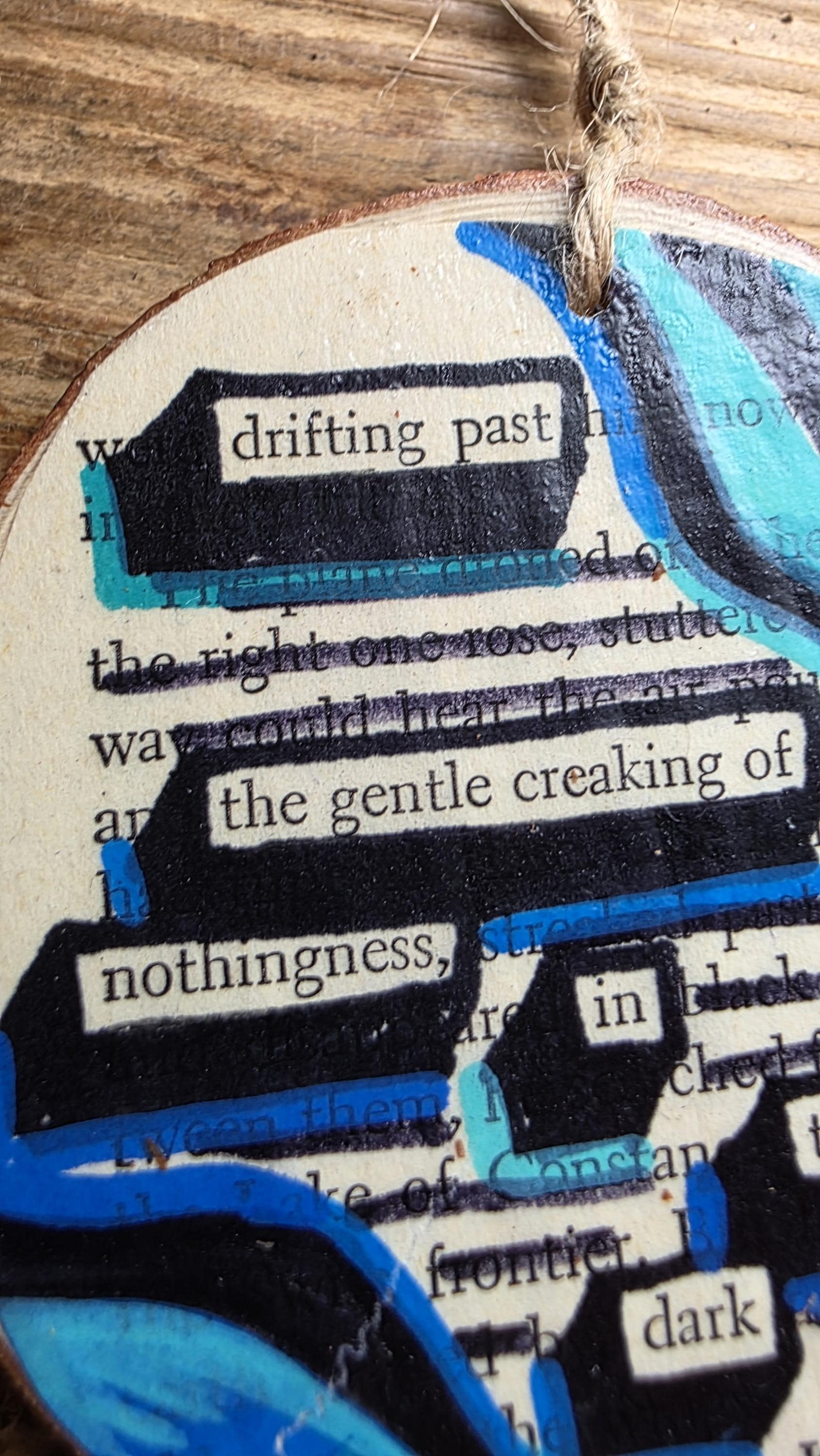 Blackout Poetry Ornament – “Drifting Past the Gentle Creaking Nothingness in the Dark” | Upcycled Book Art | Gothic Christmas Decor