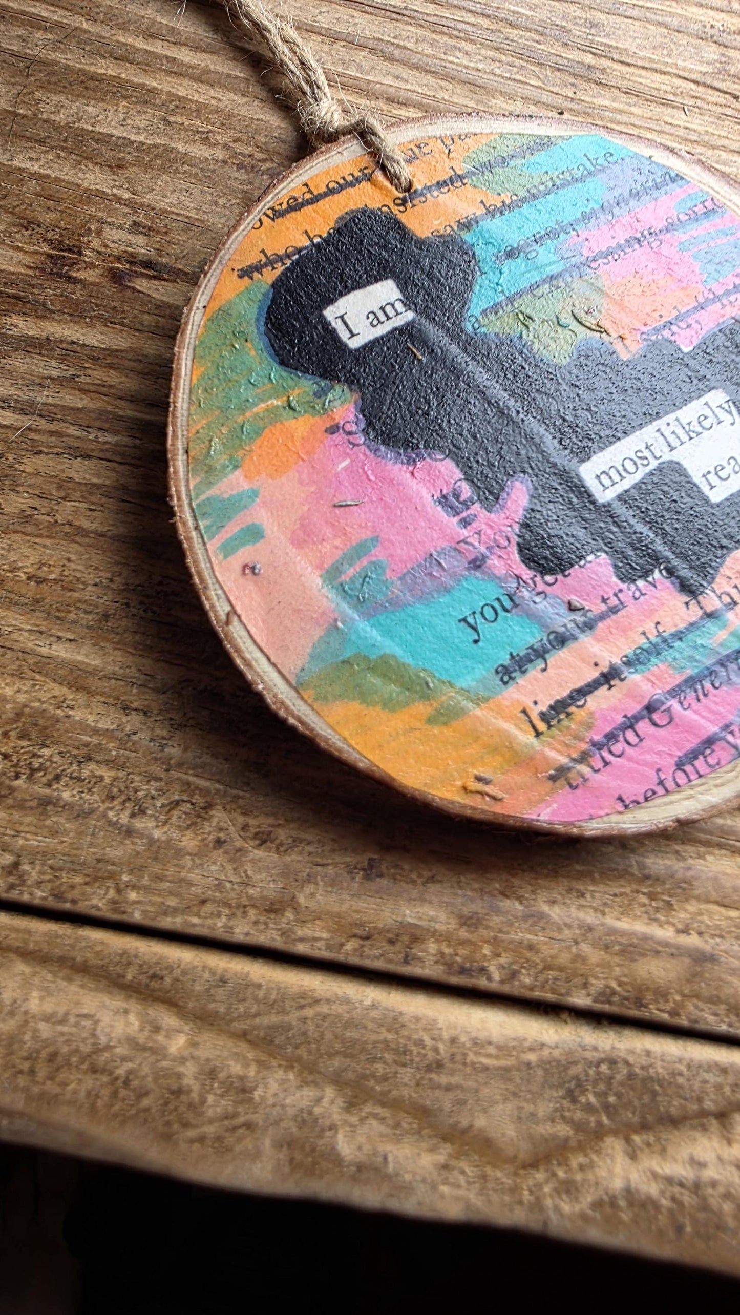 Blackout Poetry Ornament – “I Am Most Likely Reading” | Book Lover Gift | Upcycled Literary Art | Handmade Christmas Ornament