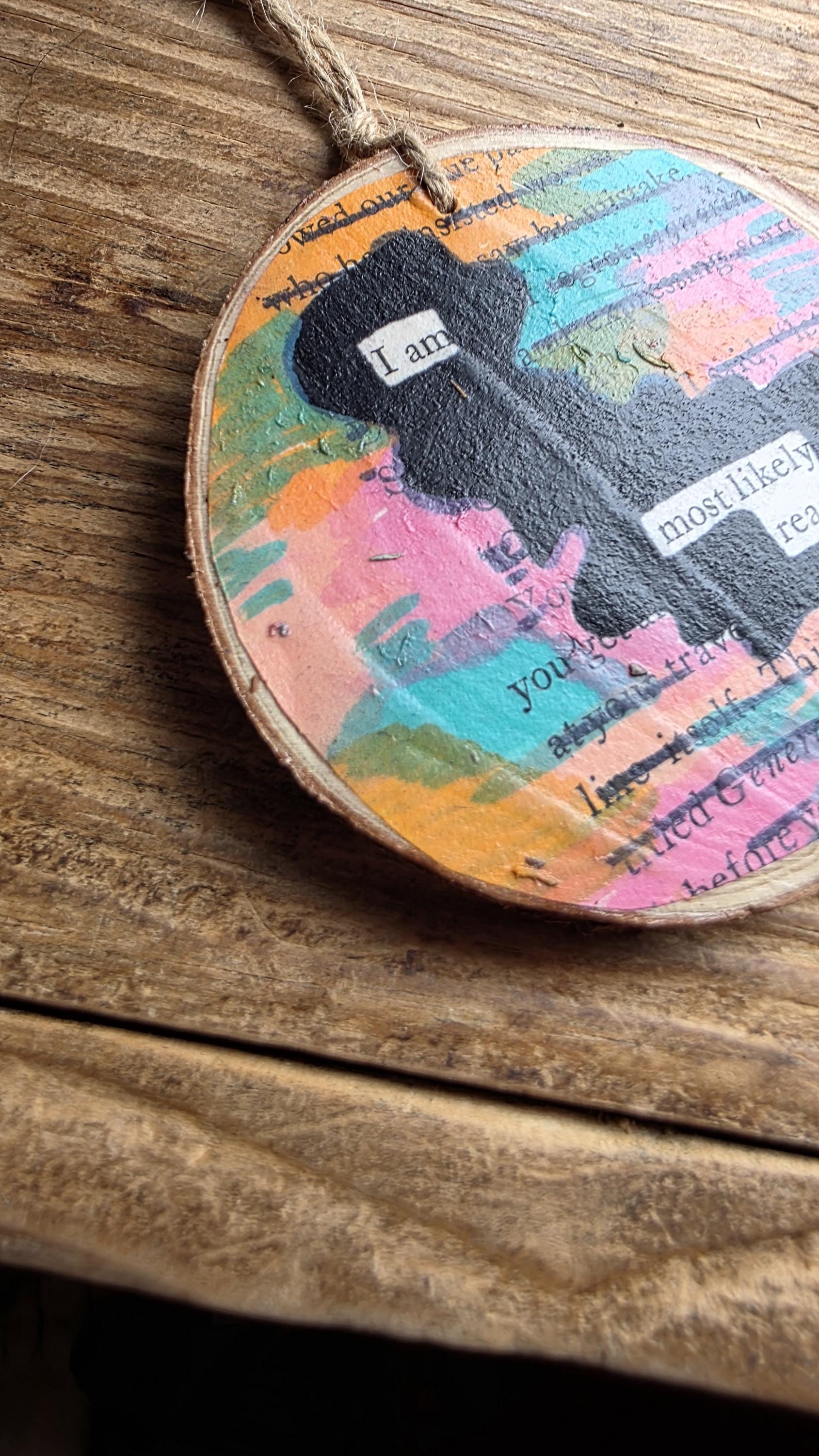 Blackout Poetry Ornament – “I Am Most Likely Reading” | Book Lover Gift | Upcycled Literary Art | Handmade Christmas Ornament