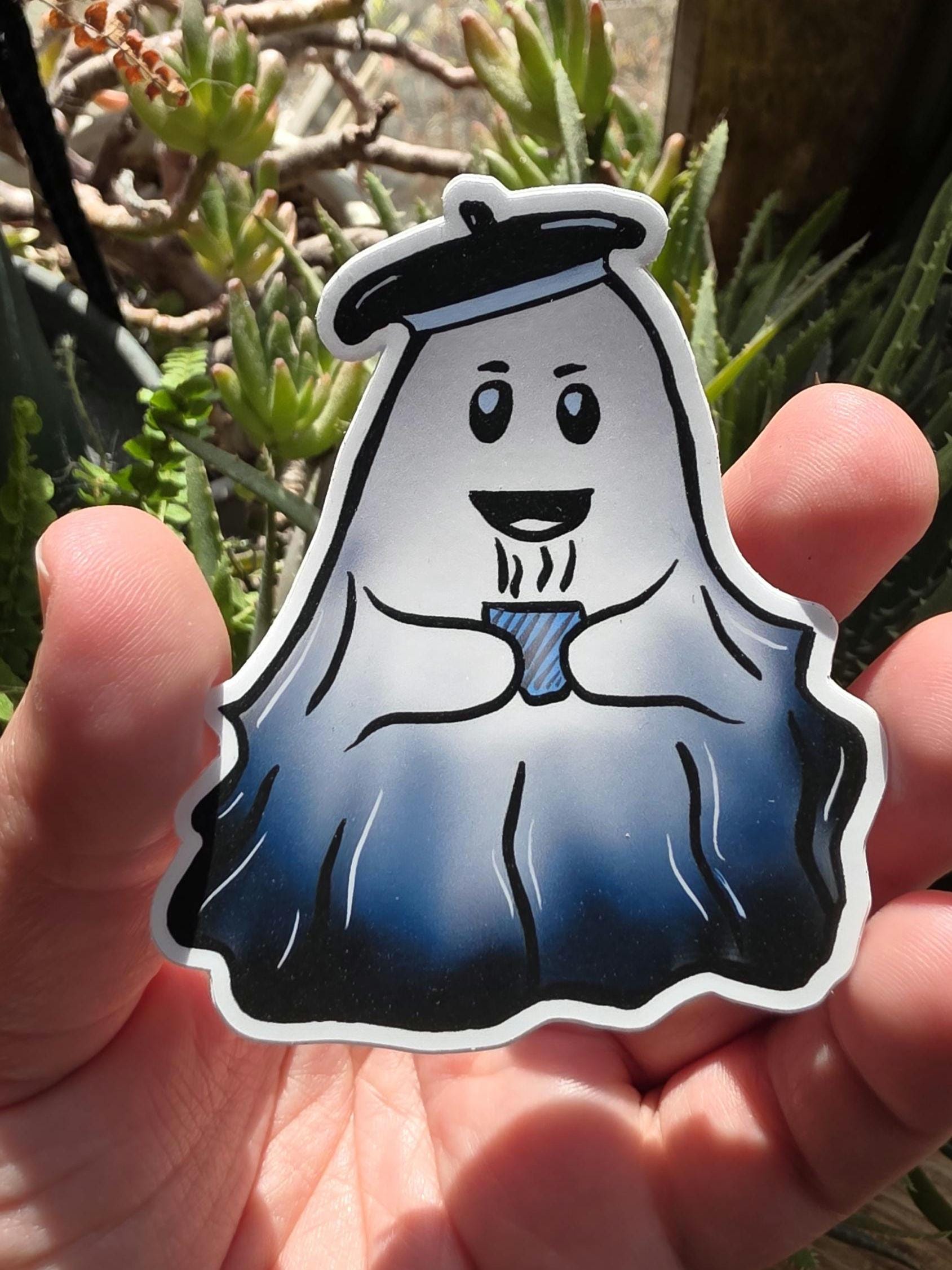 ASH THE GHOST Stickers, Ghost Sticker, Coffee Drinking Ghost, Vinyl Sticker for Water Bottle, Gifts for Friends, Halloween Stickers