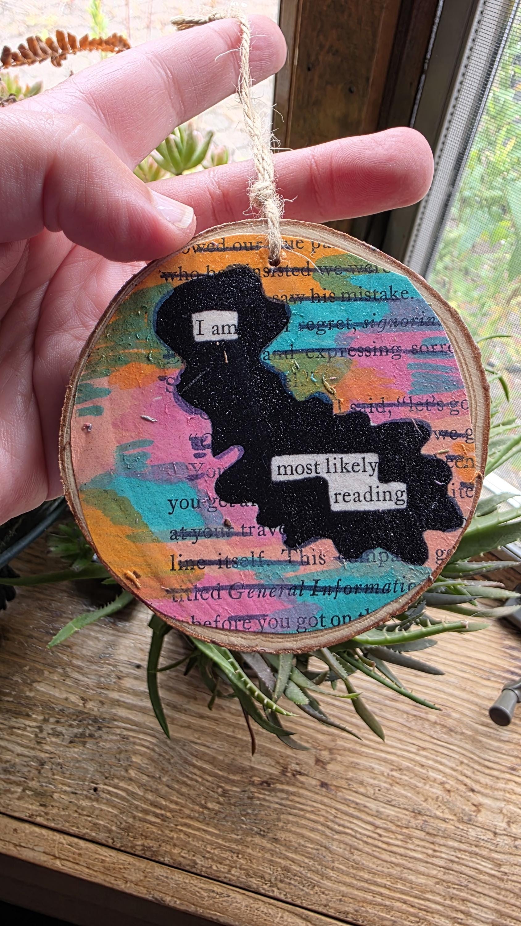 Blackout Poetry Ornament – “I Am Most Likely Reading” | Book Lover Gift | Upcycled Literary Art | Handmade Christmas Ornament