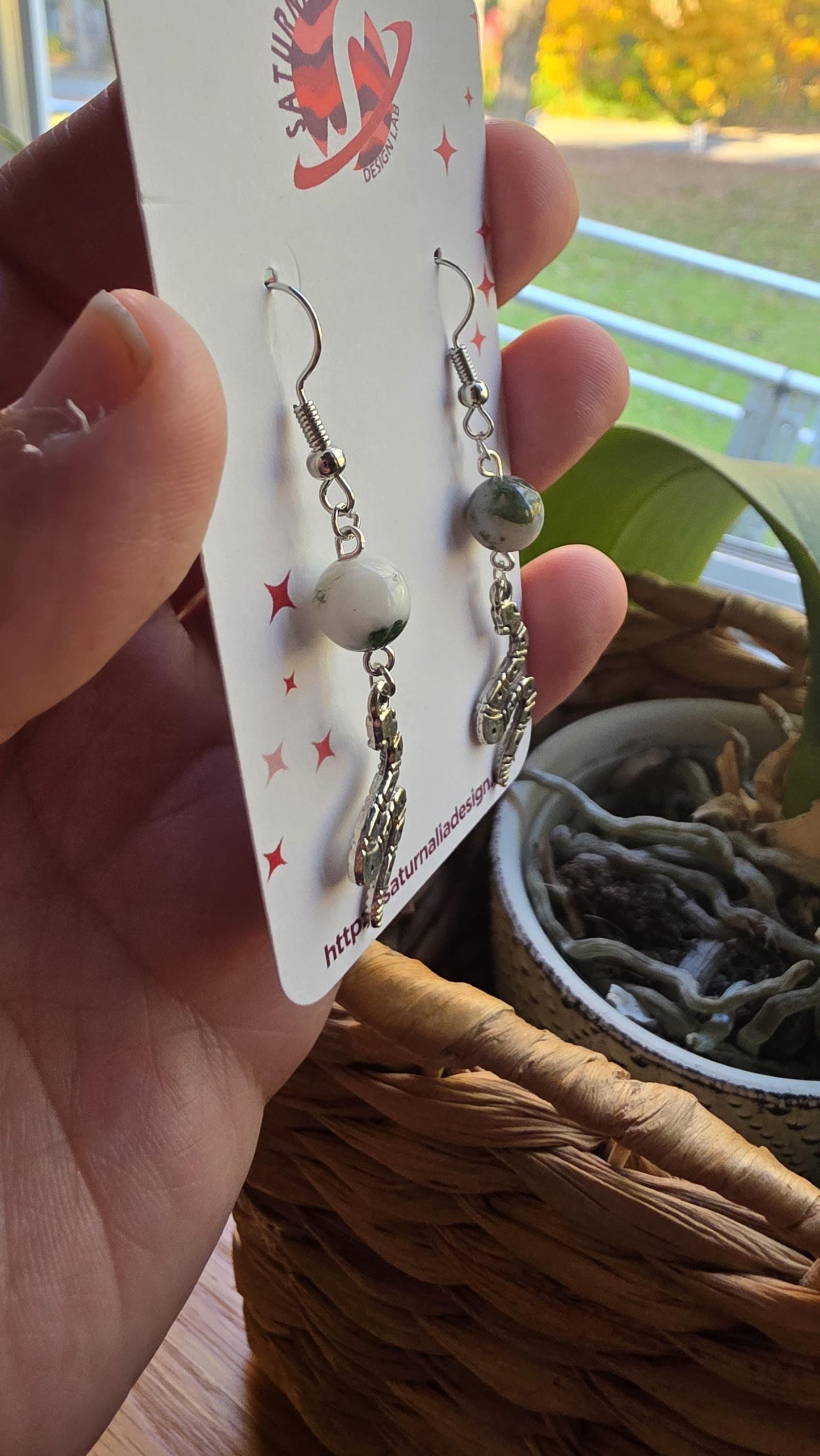 Snake Earrings with Moss Agate, Silver Snake Charm Earrings, Witchy Jewelry, Transformation Symbol, New Age Gift, Handmade Boho Earrings