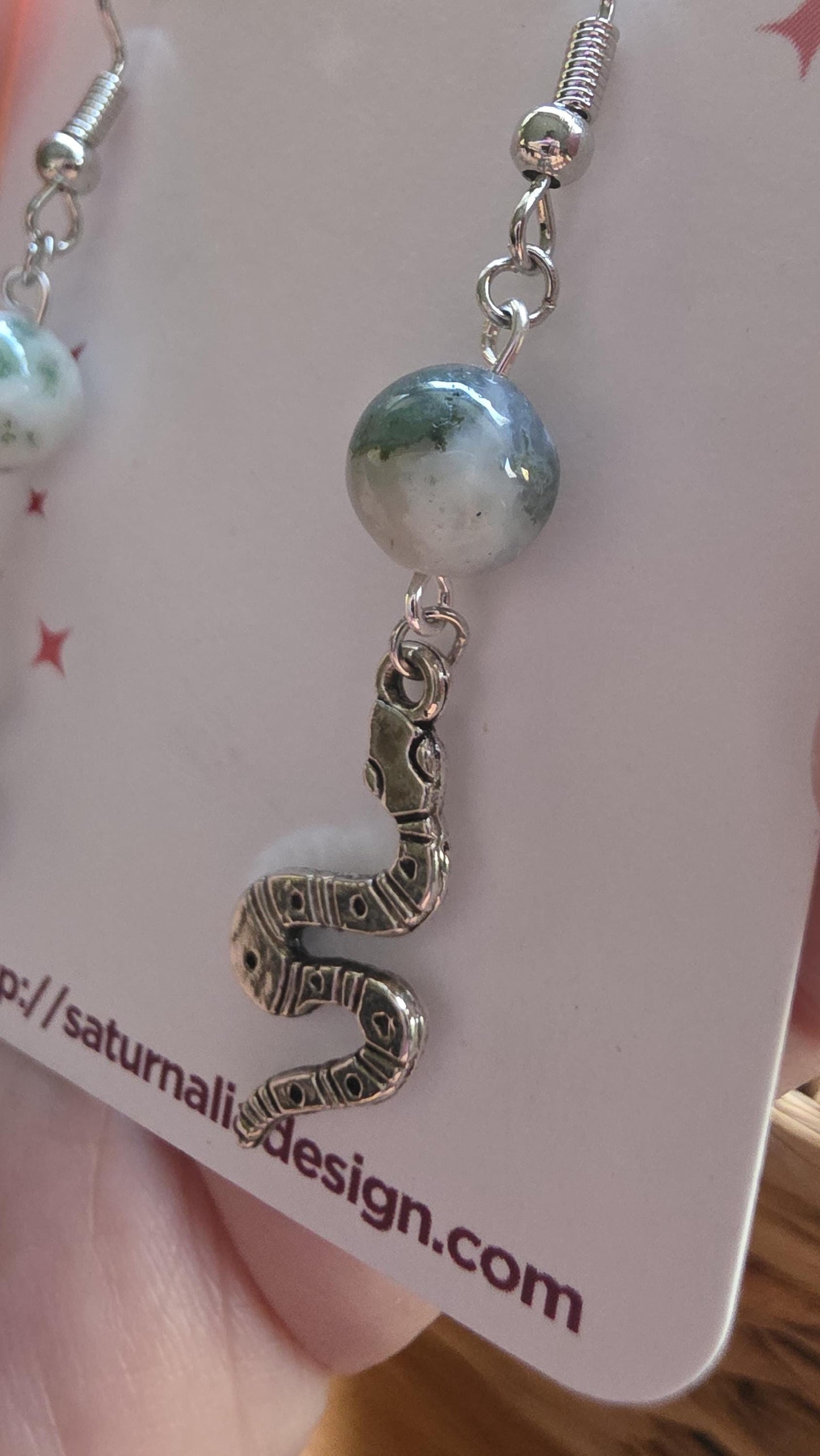 Snake Earrings with Moss Agate, Silver Snake Charm Earrings, Witchy Jewelry, Transformation Symbol, New Age Gift, Handmade Boho Earrings