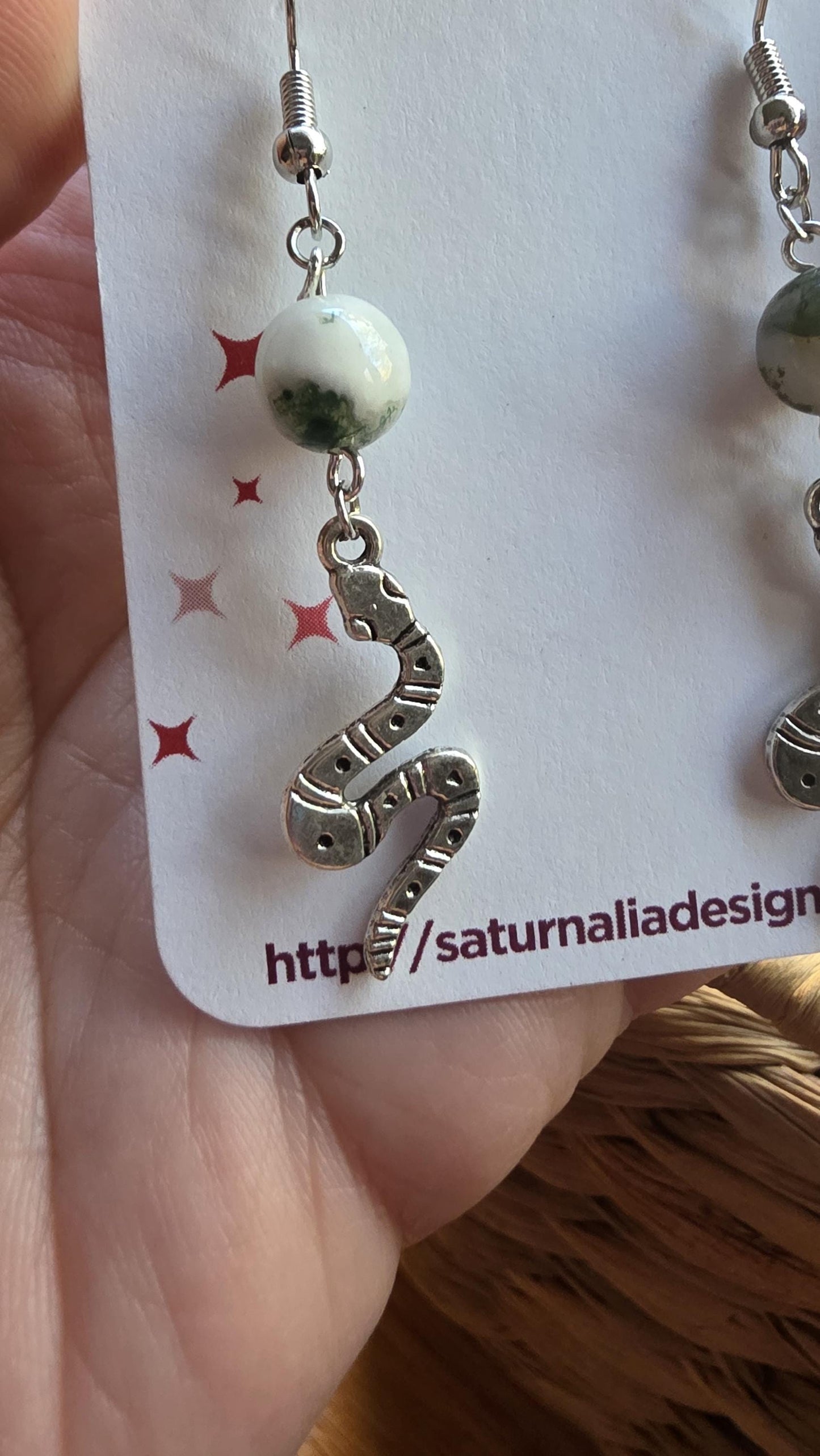 Snake Earrings with Moss Agate, Silver Snake Charm Earrings, Witchy Jewelry, Transformation Symbol, New Age Gift, Handmade Boho Earrings
