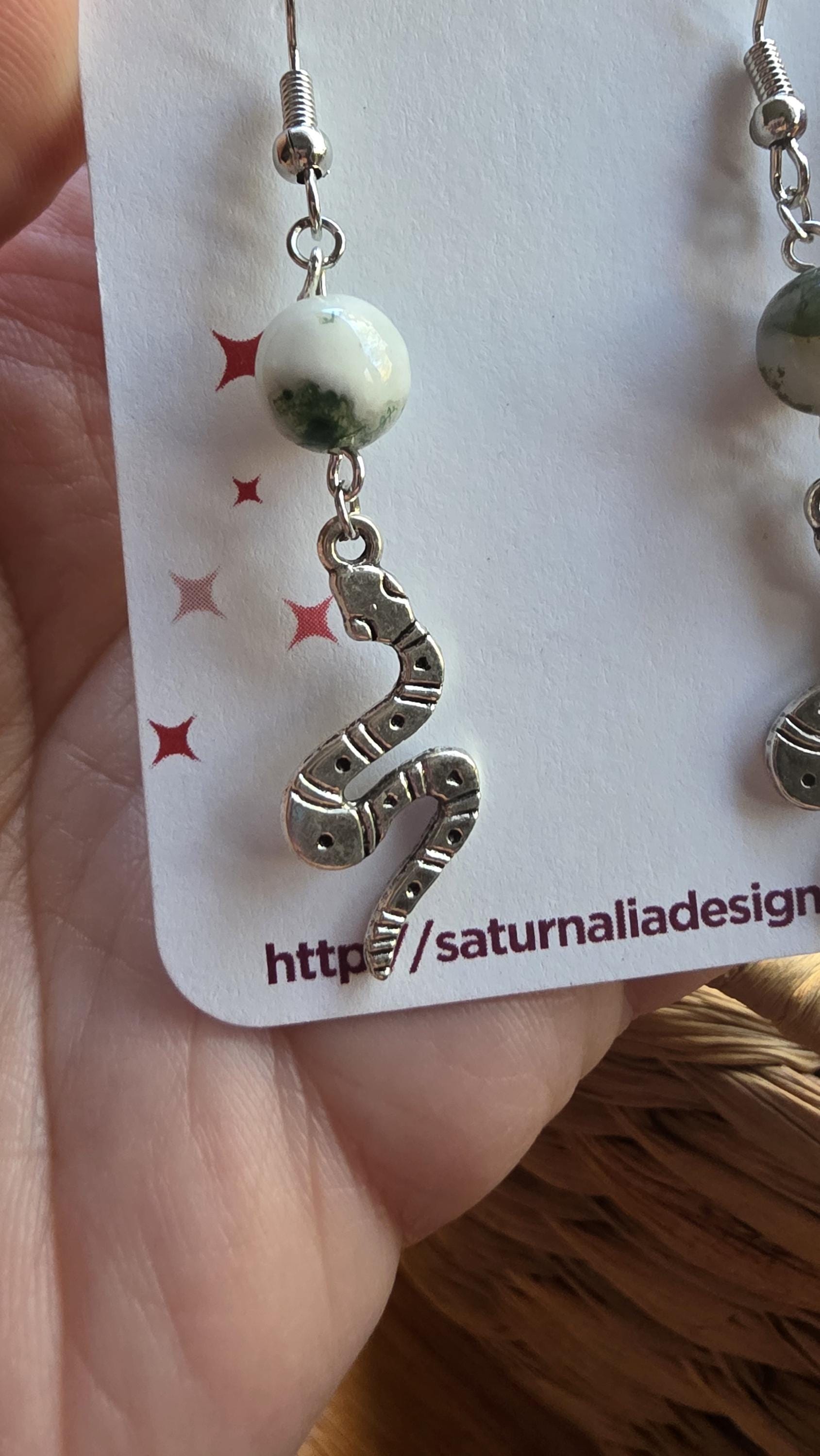Snake Earrings with Moss Agate, Silver Snake Charm Earrings, Witchy Jewelry, Transformation Symbol, New Age Gift, Handmade Boho Earrings
