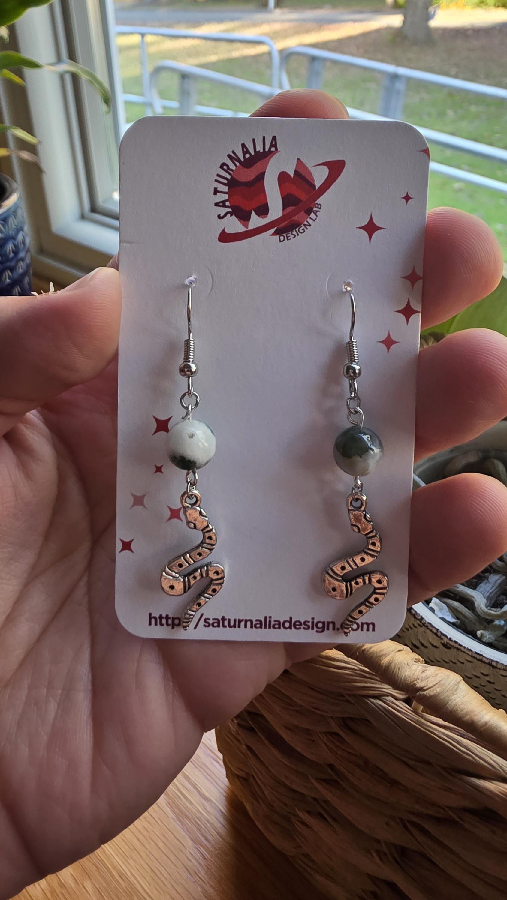 Snake Earrings with Moss Agate, Silver Snake Charm Earrings, Witchy Jewelry, Transformation Symbol, New Age Gift, Handmade Boho Earrings