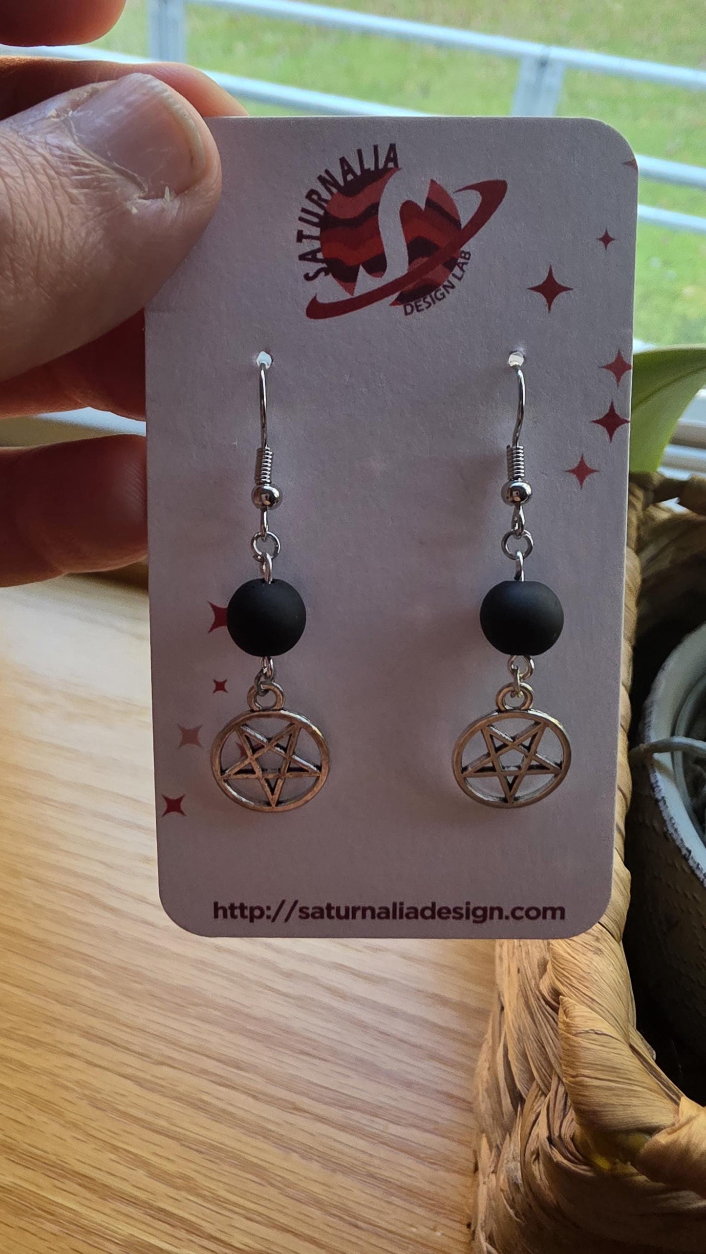 Silver Pentagram Earrings, Matte Black Beaded Dangle Earrings, Witchy Jewelry for Sensitive Ears, Gothic Boho Style, Handmade Gift