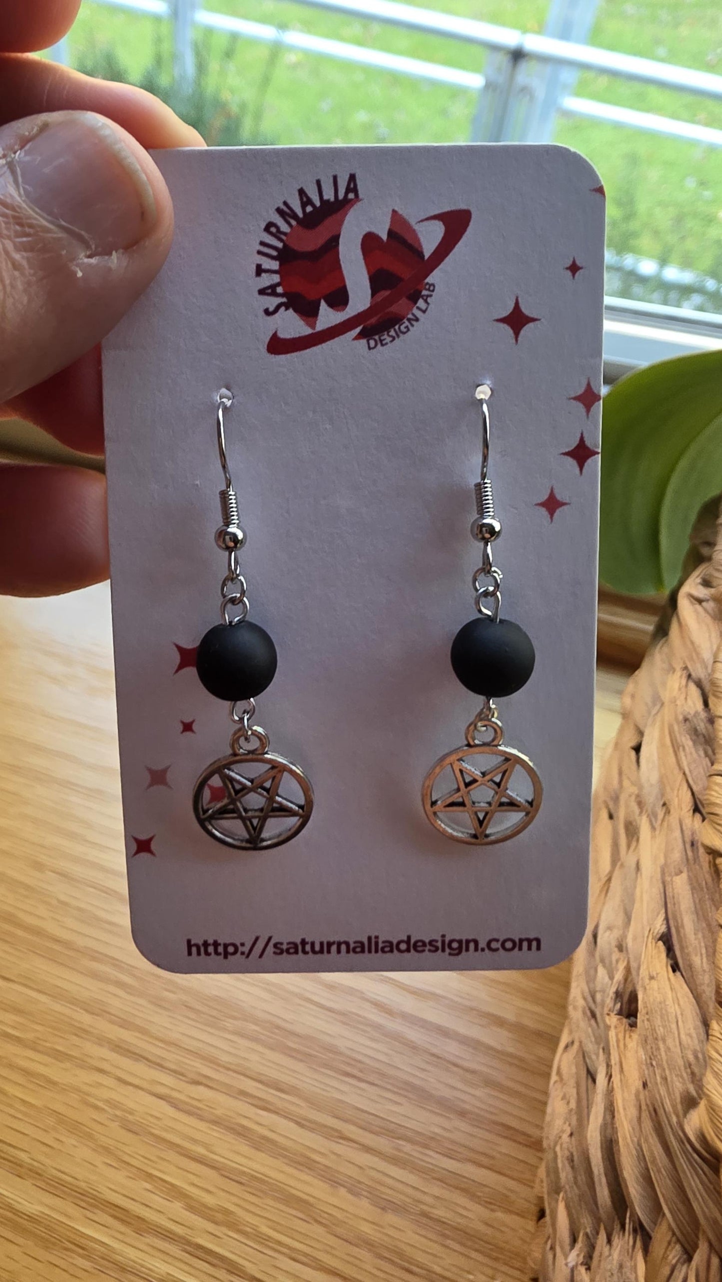 Silver Pentagram Earrings, Matte Black Beaded Dangle Earrings, Witchy Jewelry for Sensitive Ears, Gothic Boho Style, Handmade Gift