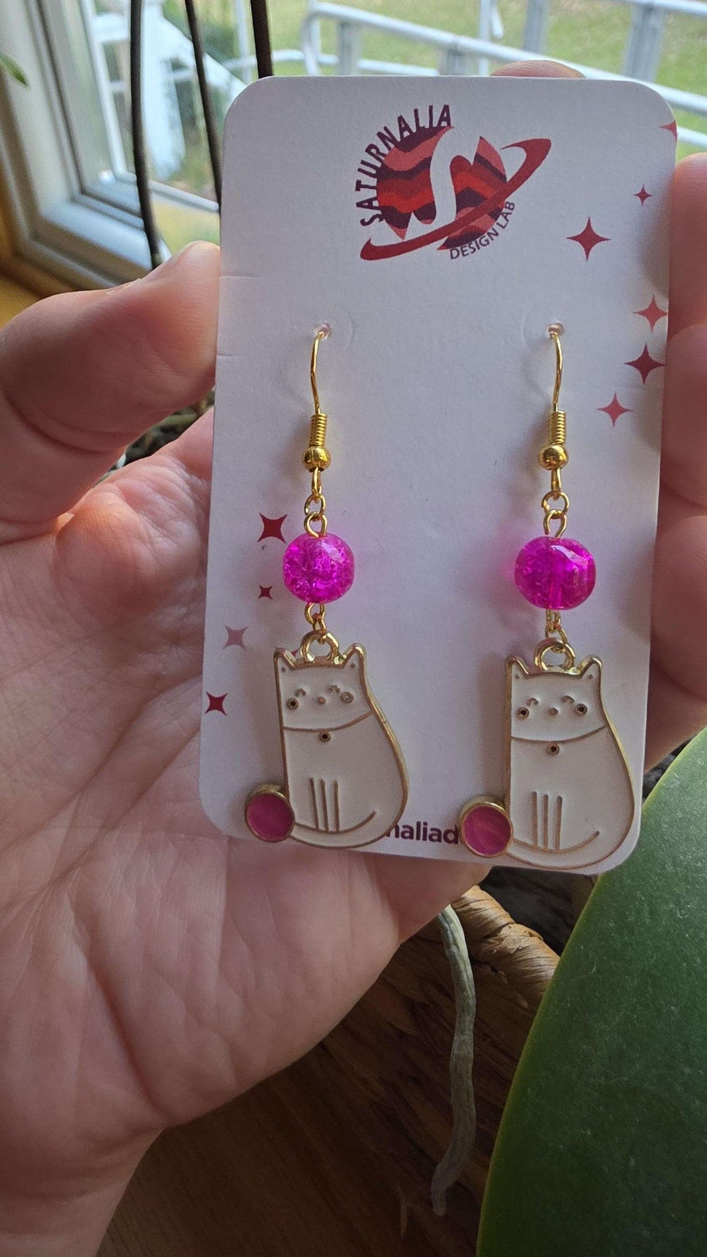 White Cat Earrings, Gold Plated Enamel Cat with Pink Yarn, Cute Cat Lover Jewelry, Animal Earrings, Handmade Gift for Pet Lovers