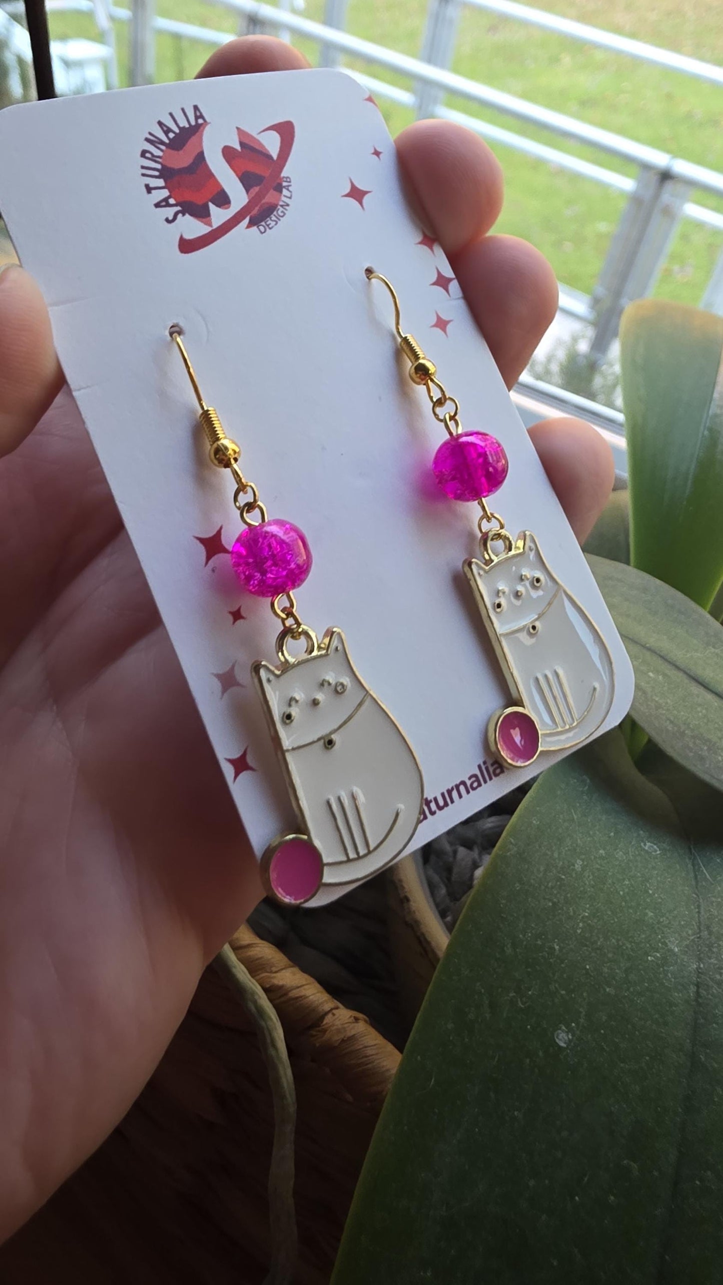 White Cat Earrings, Gold Plated Enamel Cat with Pink Yarn, Cute Cat Lover Jewelry, Animal Earrings, Handmade Gift for Pet Lovers