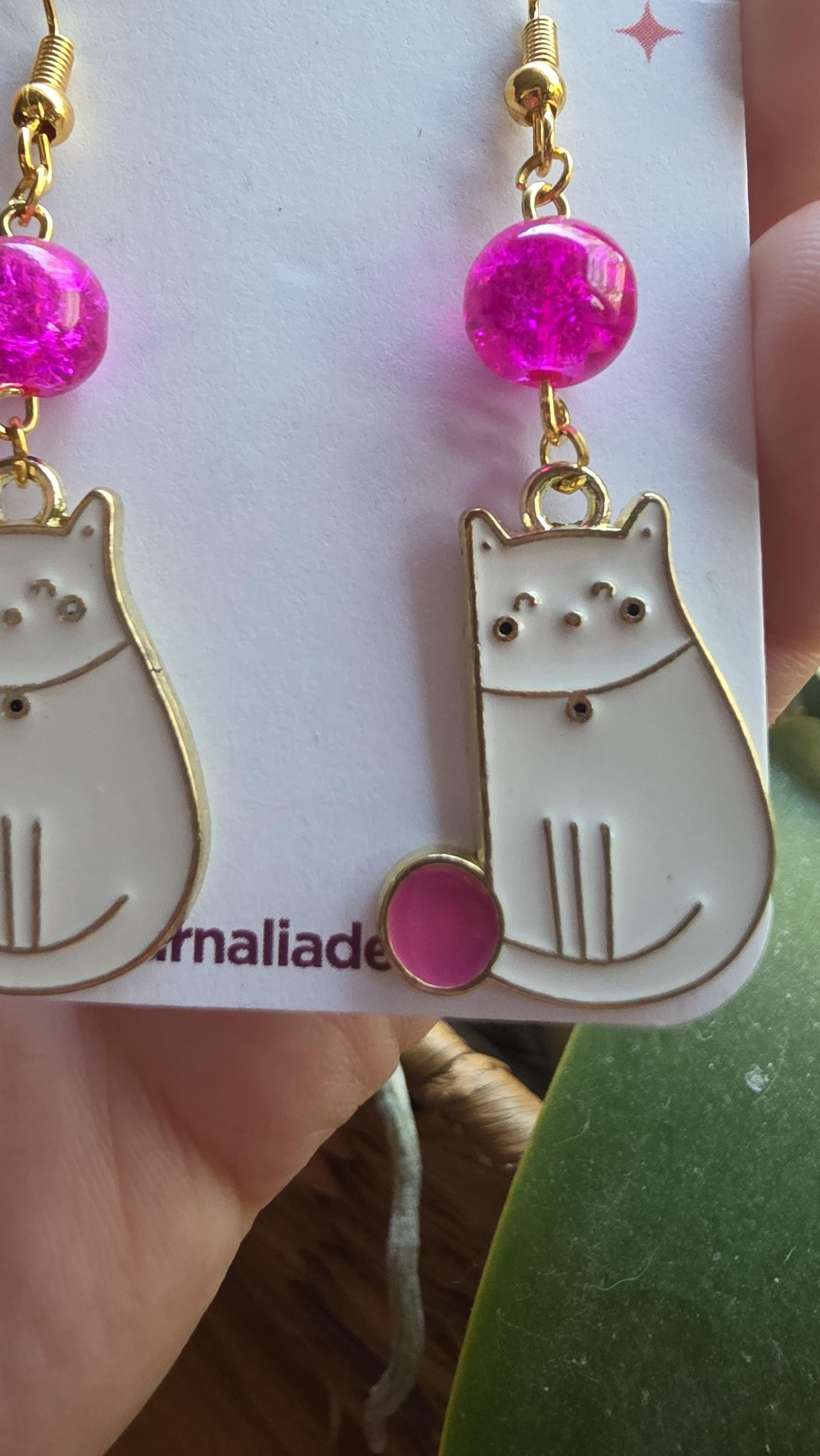 White Cat Earrings, Gold Plated Enamel Cat with Pink Yarn, Cute Cat Lover Jewelry, Animal Earrings, Handmade Gift for Pet Lovers