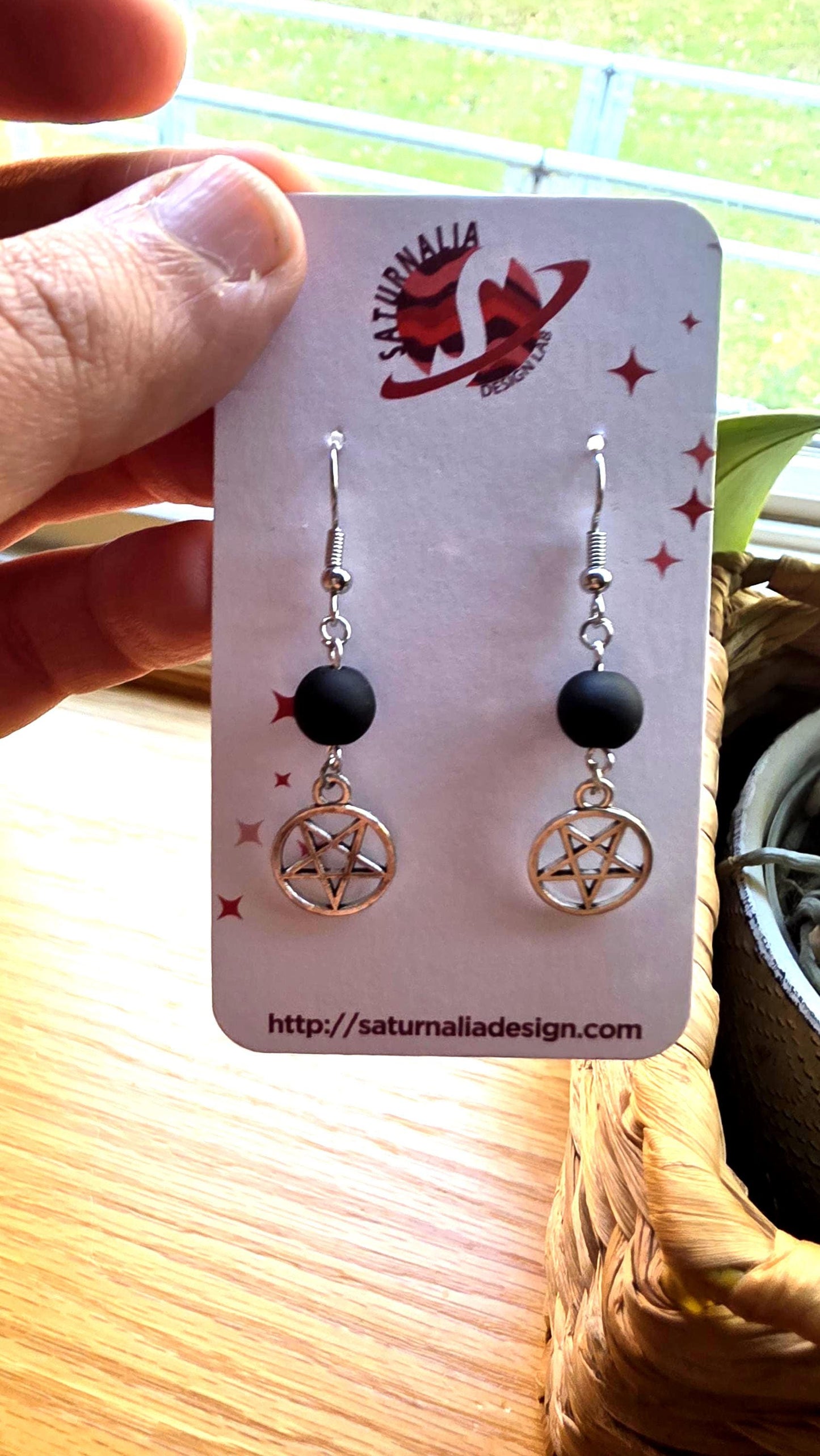 Silver Pentagram Earrings, Matte Black Beaded Dangle Earrings, Witchy Jewelry for Sensitive Ears, Gothic Boho Style, Handmade Gift
