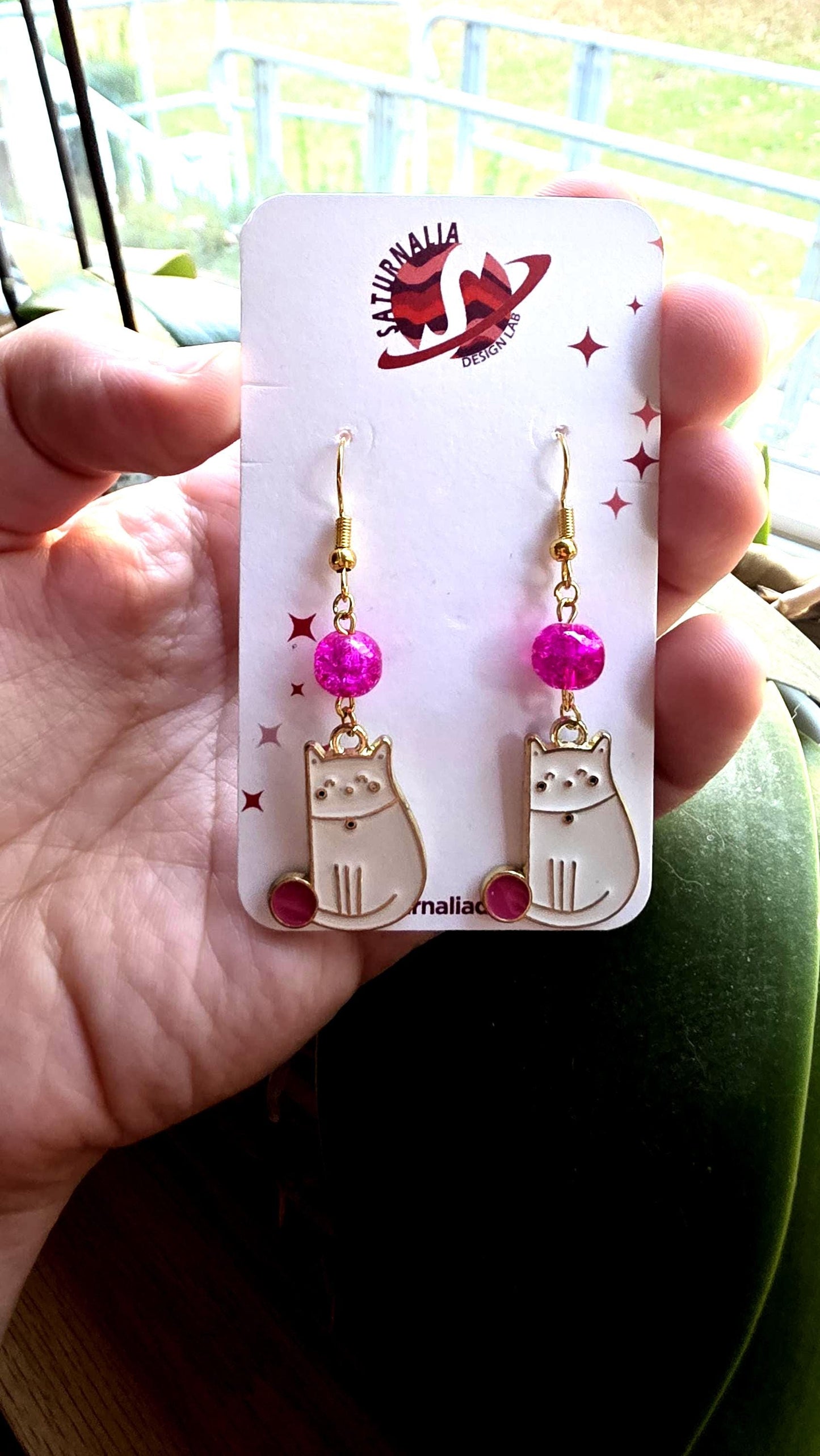 White Cat Earrings, Gold Plated Enamel Cat with Pink Yarn, Cute Cat Lover Jewelry, Animal Earrings, Handmade Gift for Pet Lovers