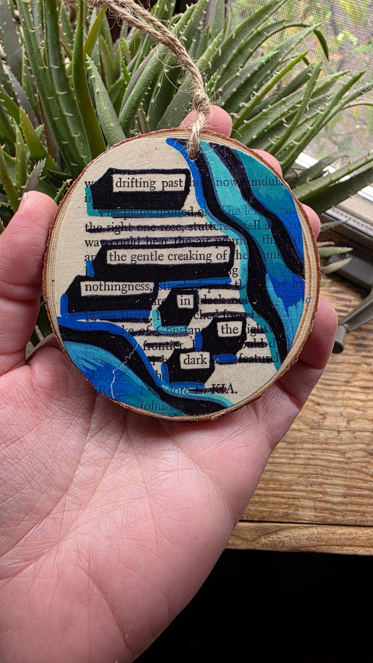 Blackout Poetry Ornament – “Drifting Past the Gentle Creaking Nothingness in the Dark” | Upcycled Book Art | Gothic Christmas Decor