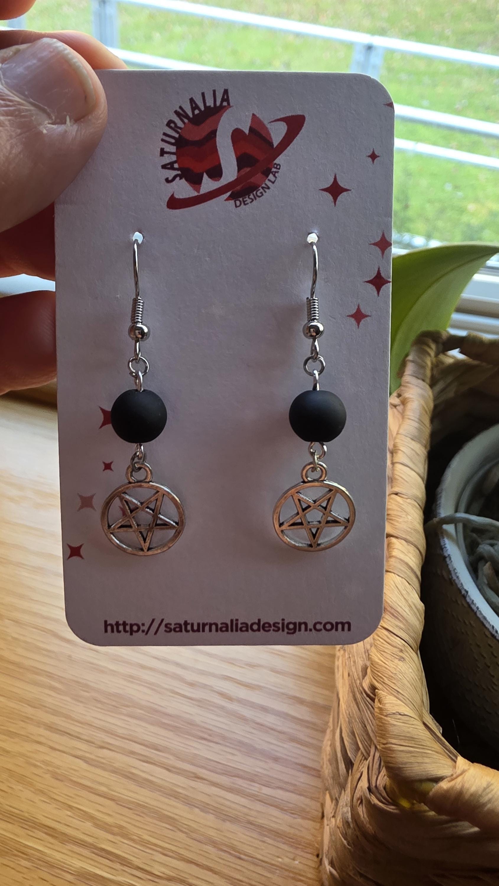 Silver Pentagram Earrings, Matte Black Beaded Dangle Earrings, Witchy Jewelry for Sensitive Ears, Gothic Boho Style, Handmade Gift