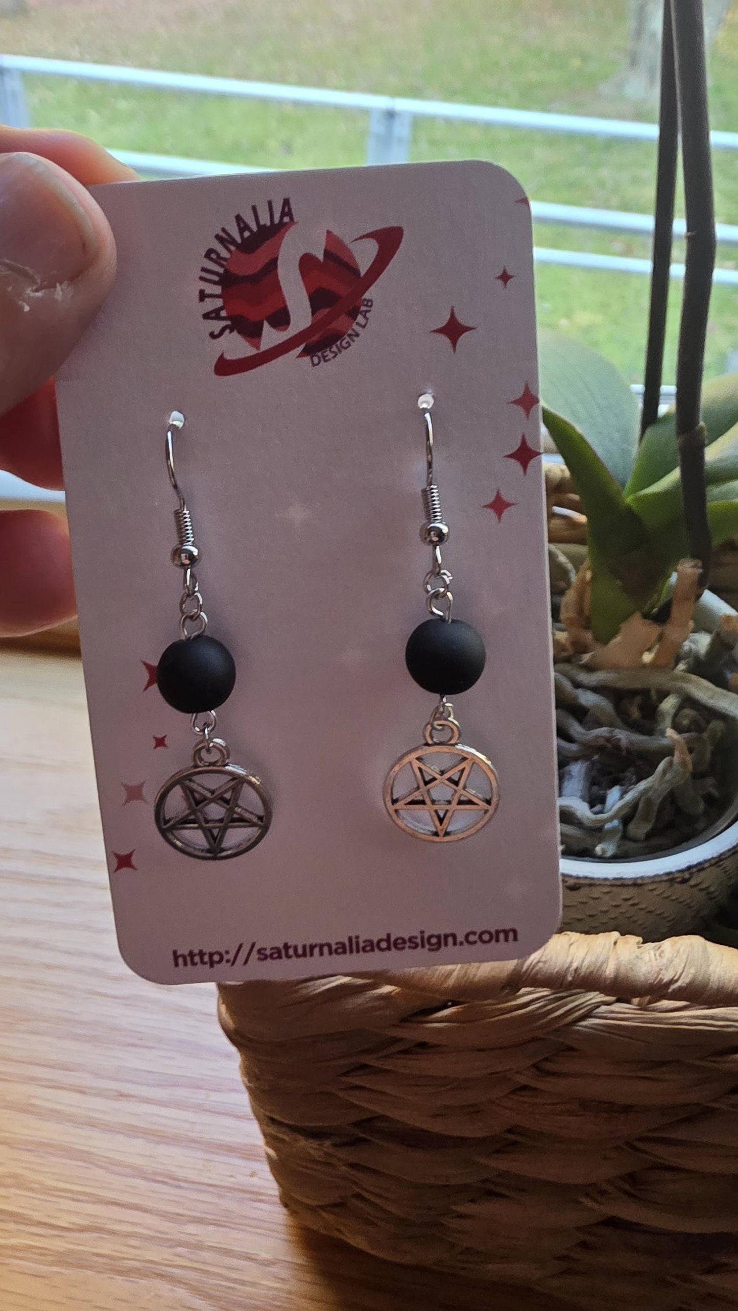 Silver Pentagram Earrings, Matte Black Beaded Dangle Earrings, Witchy Jewelry for Sensitive Ears, Gothic Boho Style, Handmade Gift