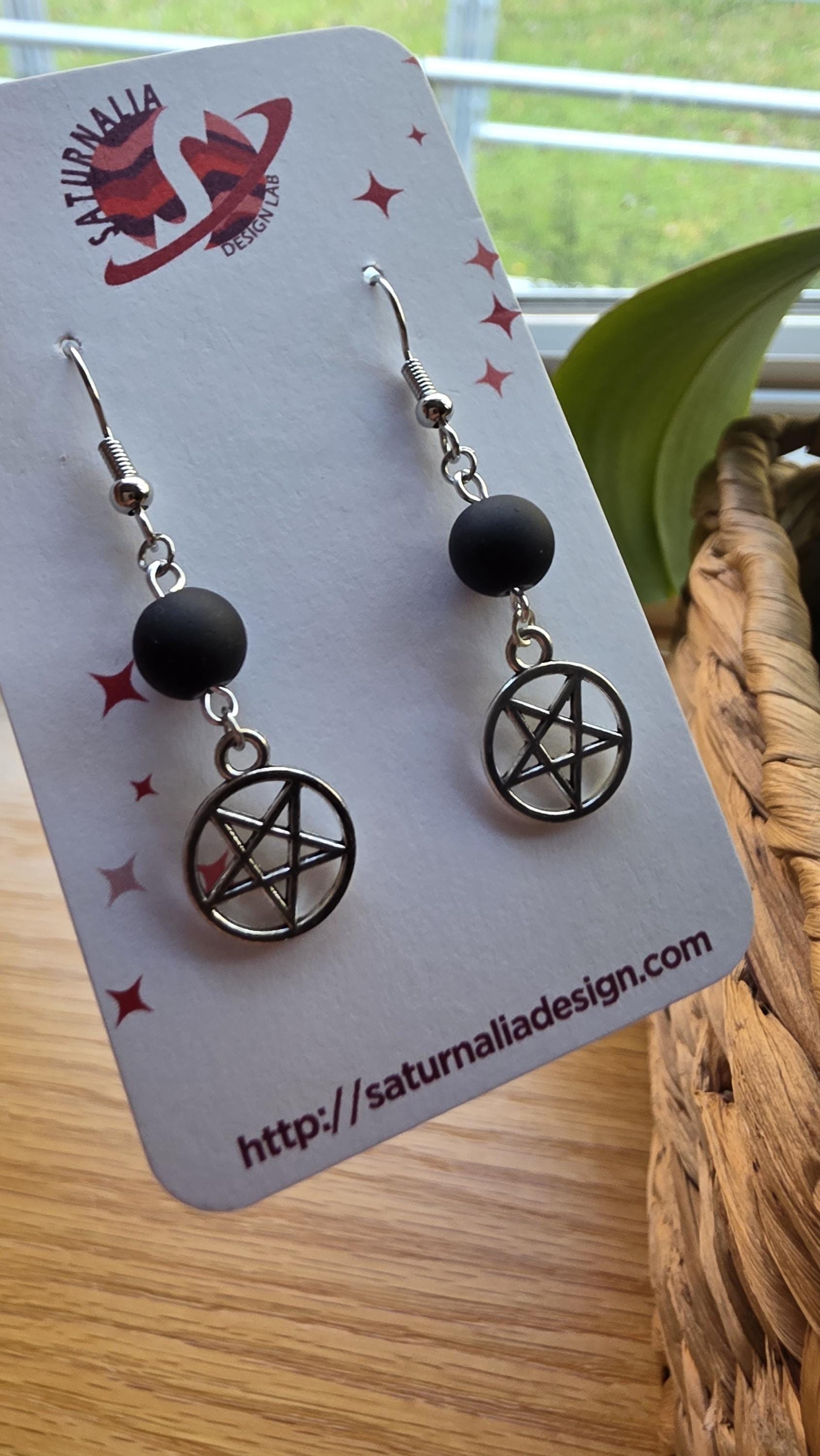 Silver Pentagram Earrings, Matte Black Beaded Dangle Earrings, Witchy Jewelry for Sensitive Ears, Gothic Boho Style, Handmade Gift
