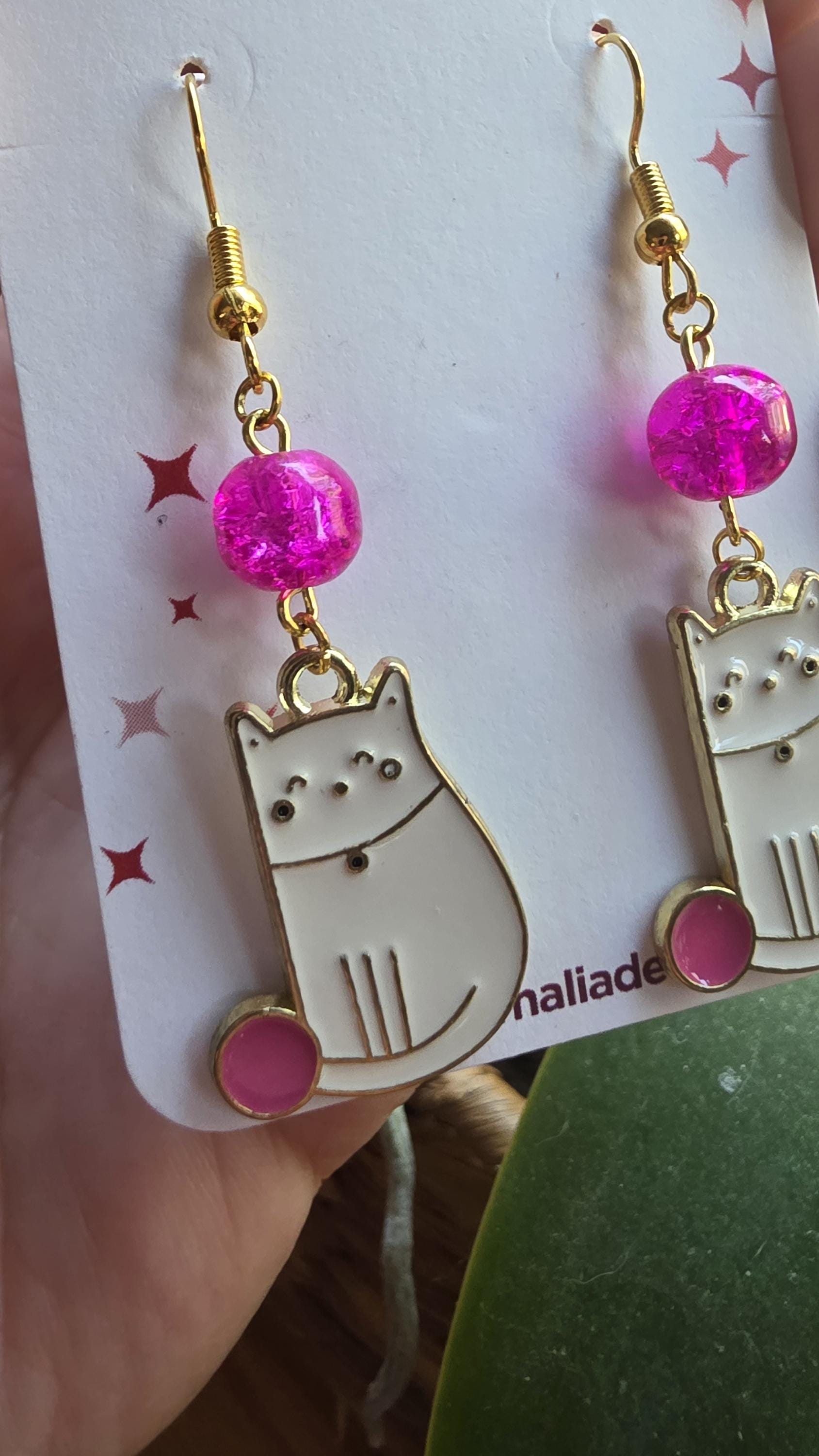 White Cat Earrings, Gold Plated Enamel Cat with Pink Yarn, Cute Cat Lover Jewelry, Animal Earrings, Handmade Gift for Pet Lovers