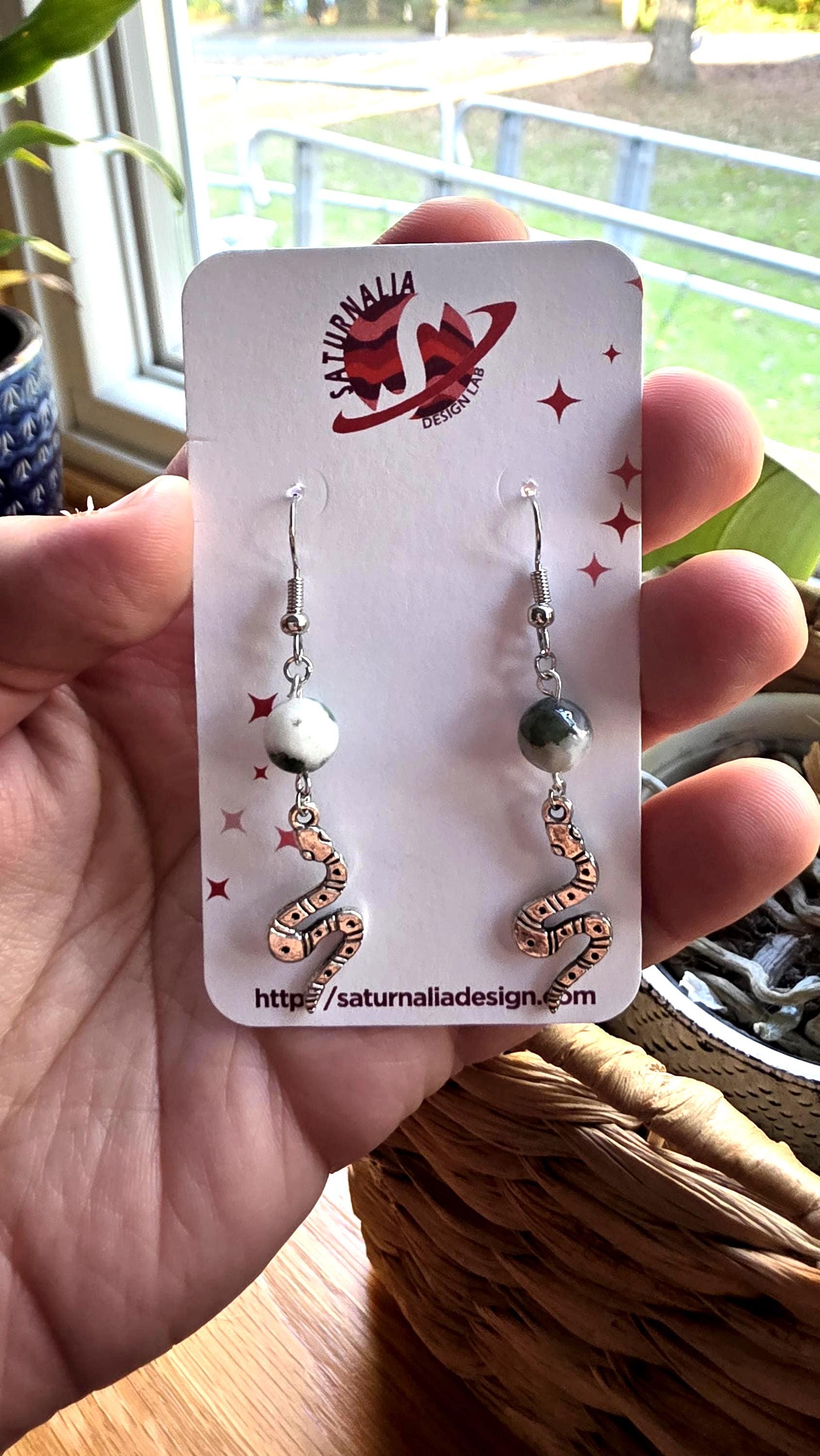 Snake Earrings with Moss Agate, Silver Snake Charm Earrings, Witchy Jewelry, Transformation Symbol, New Age Gift, Handmade Boho Earrings