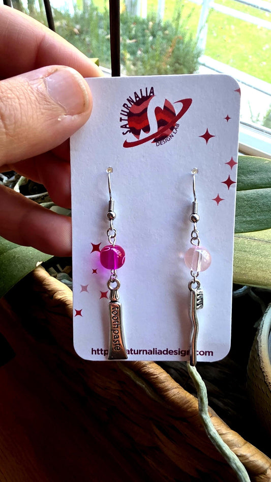 Toothbrush and Toothpaste Earrings, Mismatched Dental Jewelry, Pink Dentist Gift, Funny Earrings for Hygienists, Whimsical Handmade Jewelry