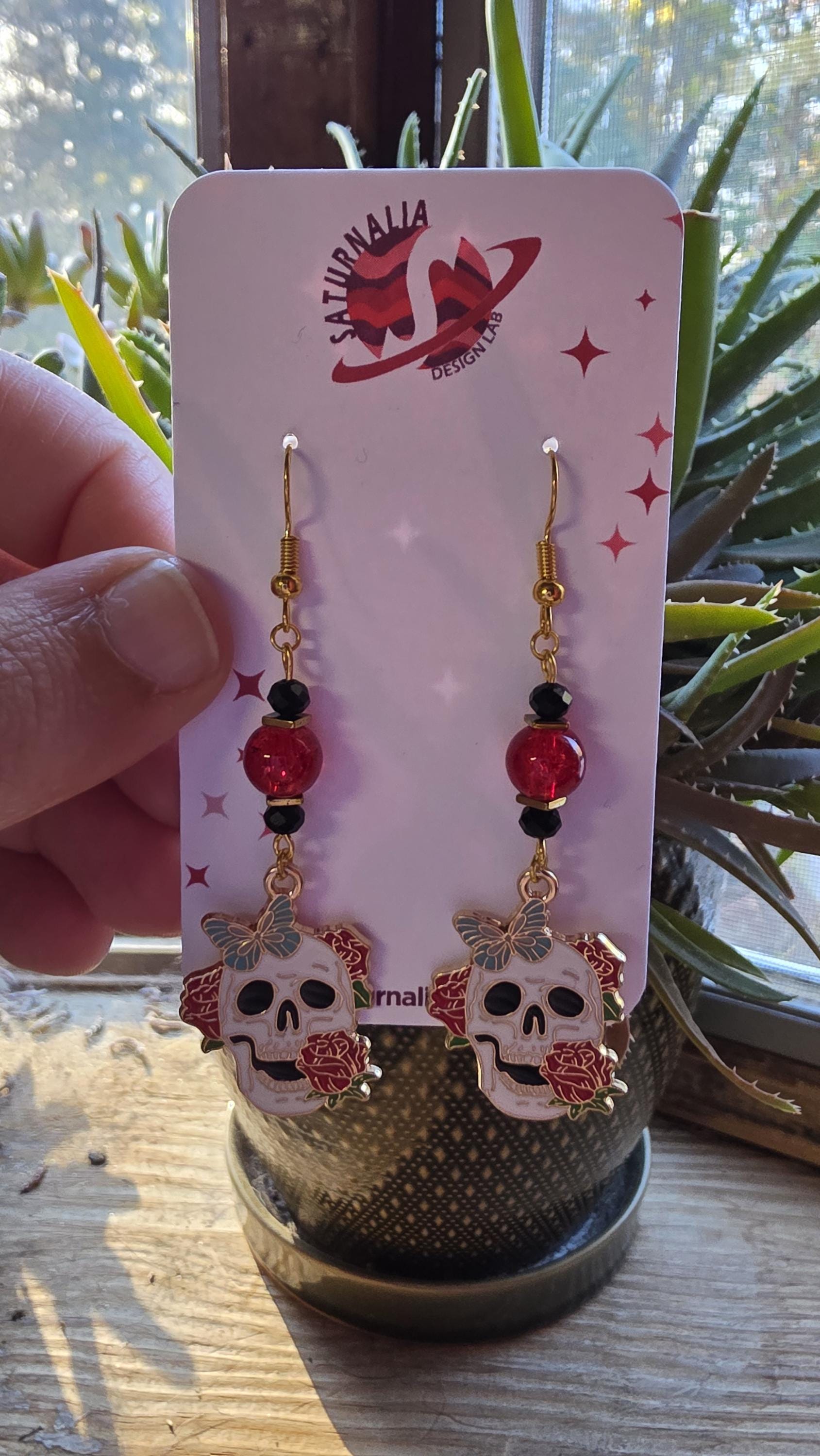 Skull Earrings with Floral Accents – Goth Botanical Witch Earrings, Hypoallergenic Statement Jewelry, Gift for Alternative Fashion Fans