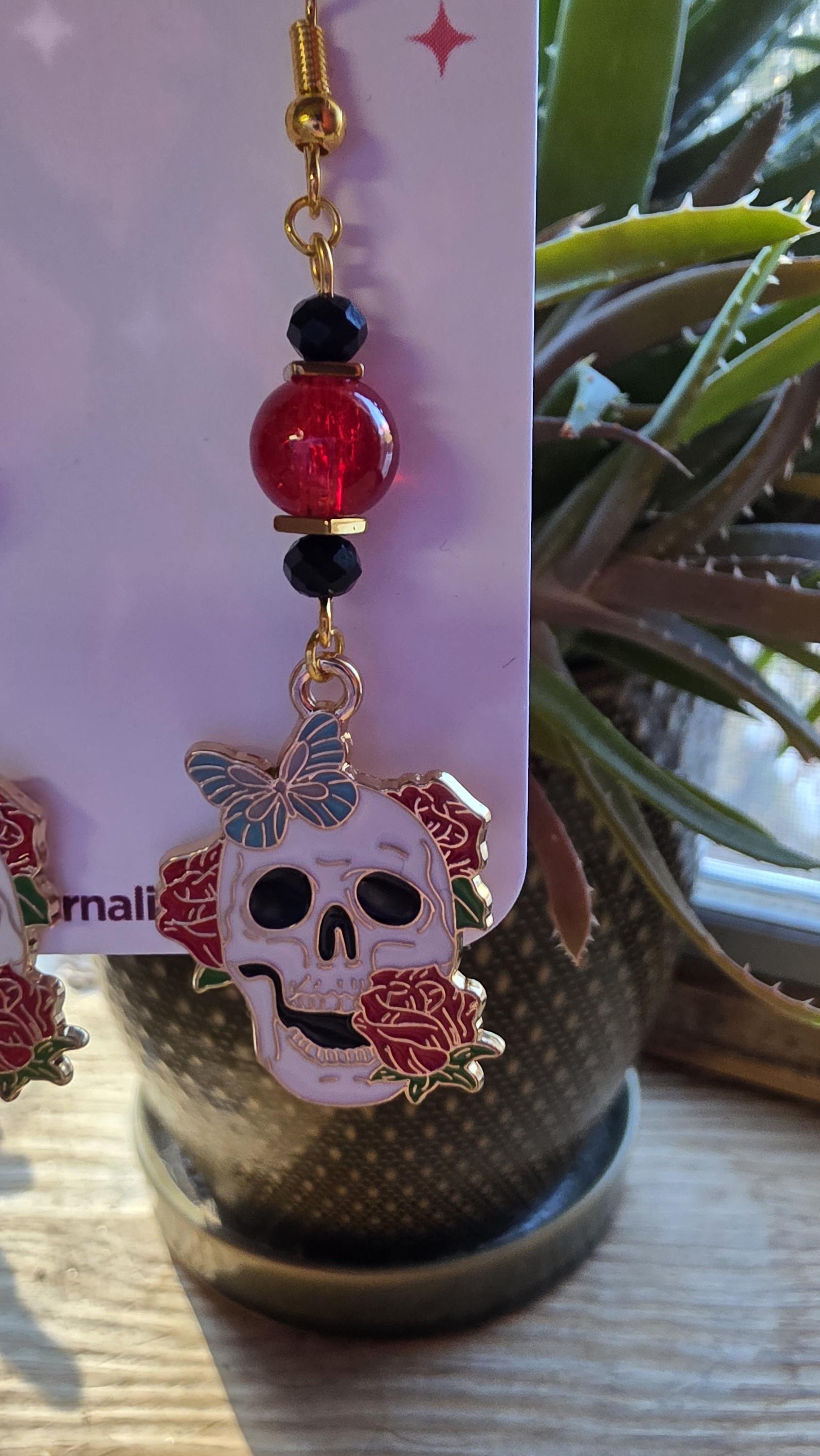 Skull Earrings with Floral Accents – Goth Botanical Witch Earrings, Hypoallergenic Statement Jewelry, Gift for Alternative Fashion Fans