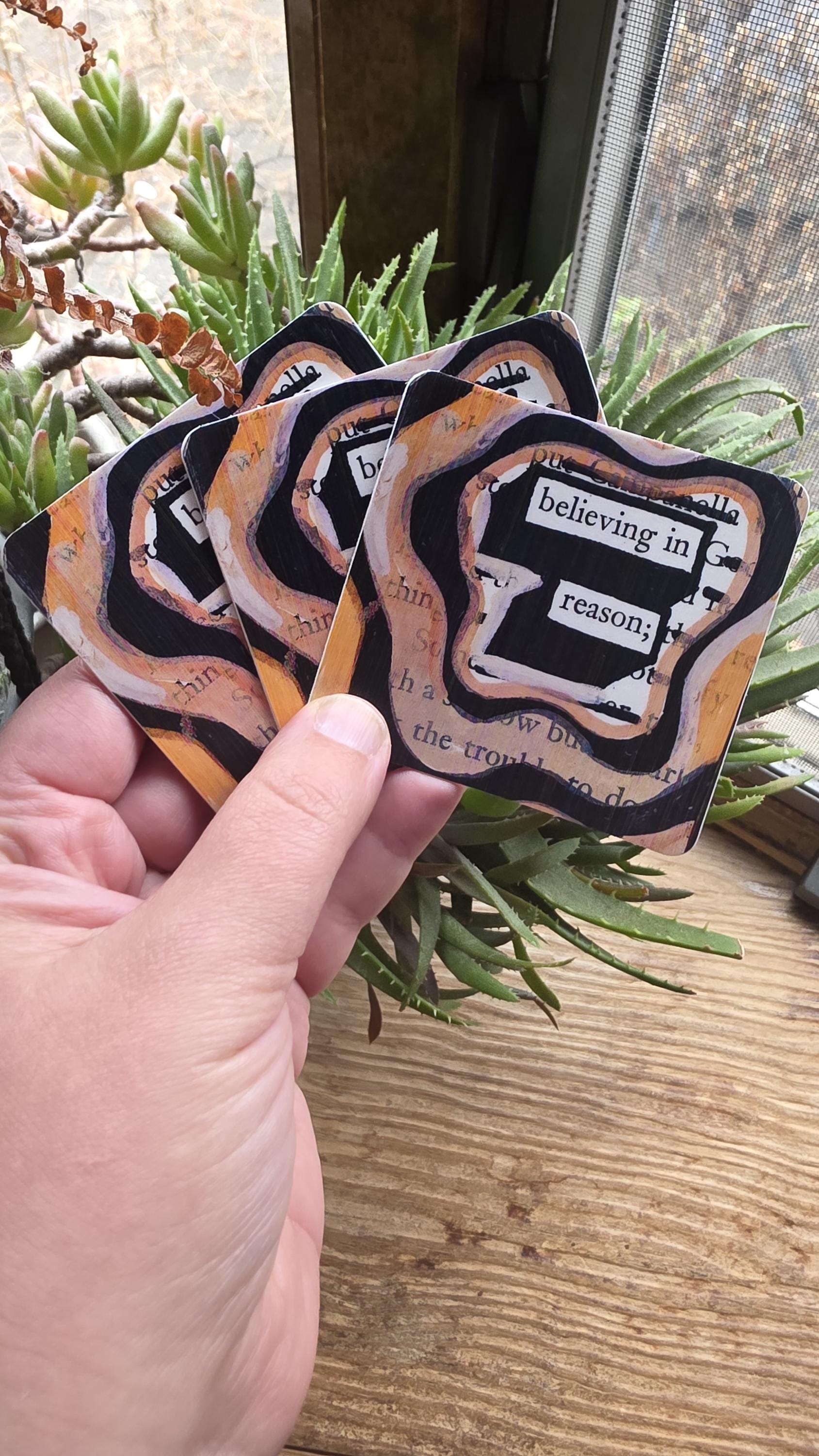 Blackout Poetry Sticker – “Believing in Reason” | 3" Square Vinyl Sticker | Brown Abstract Art | Waterproof Bookish Decal for Laptop