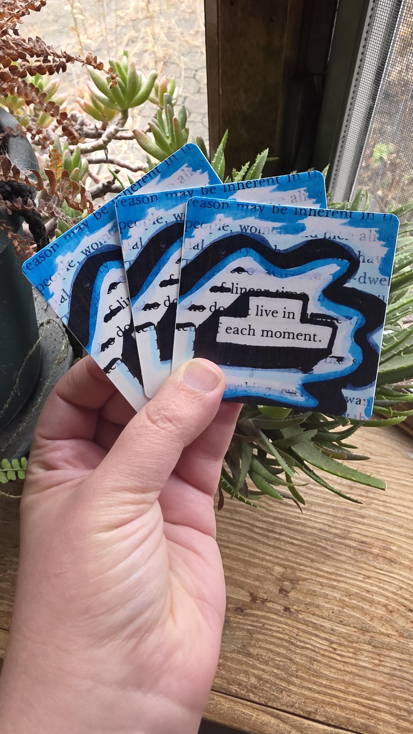 Blackout Poetry Sticker – “Live In Each Moment” | Waterproof Vinyl Sticker | Blue Abstract Art | Bookish Decal for Laptop, Car, Water Bottle