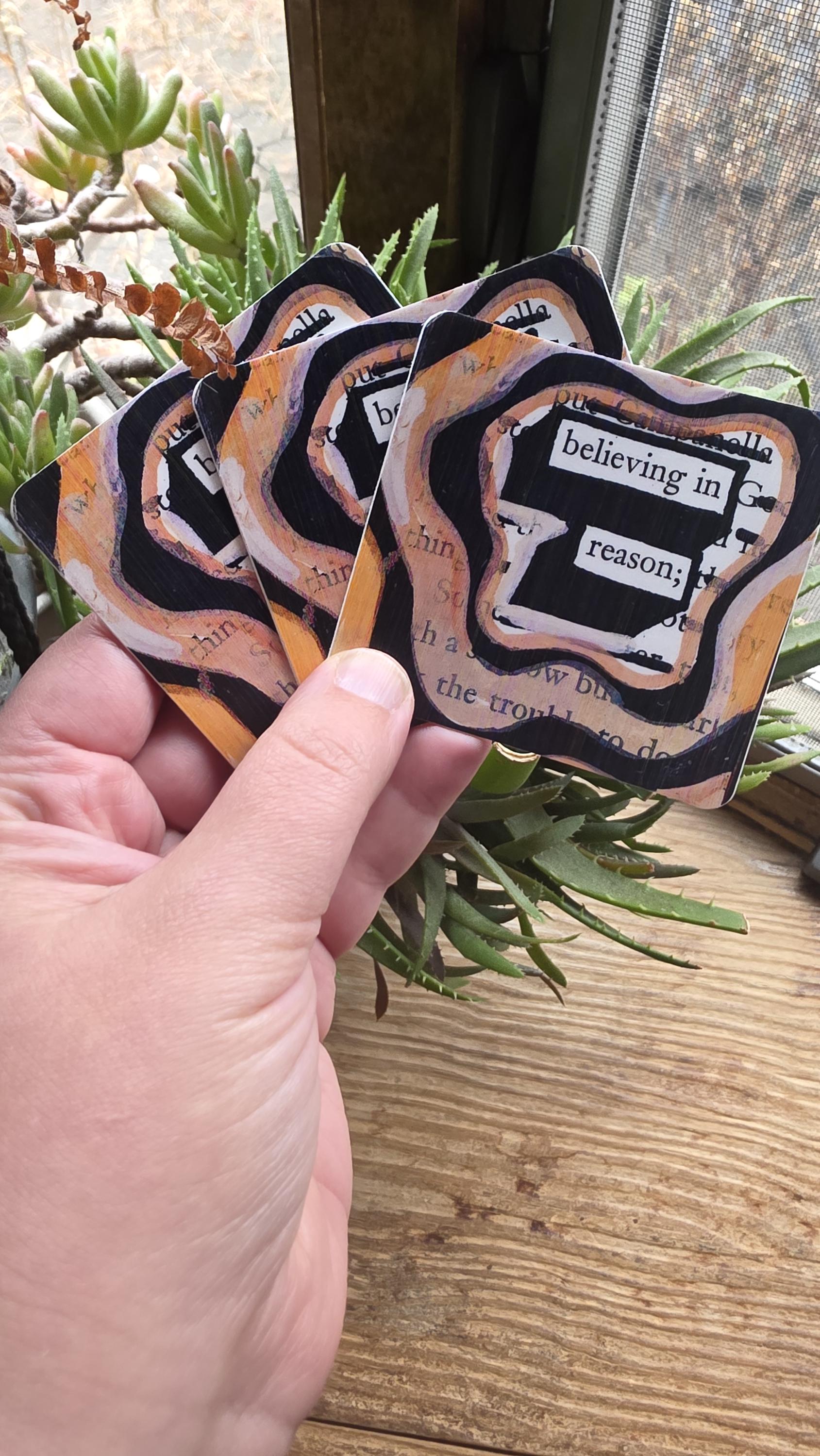 Blackout Poetry Sticker – “Believing in Reason” | 3" Square Vinyl Sticker | Brown Abstract Art | Waterproof Bookish Decal for Laptop