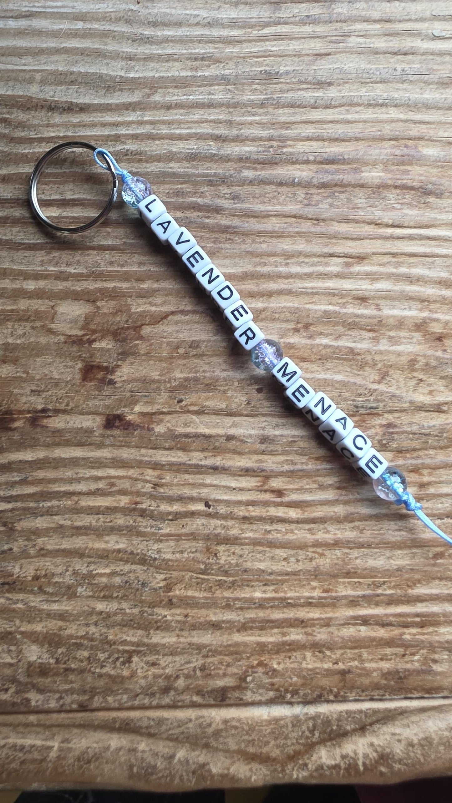 Lavender Menace Keychain, Handmade LGBTQ Keychain, Queer Pride Keychain, Feminist Statement Gift, Beaded Keychain, Radical History Accessory