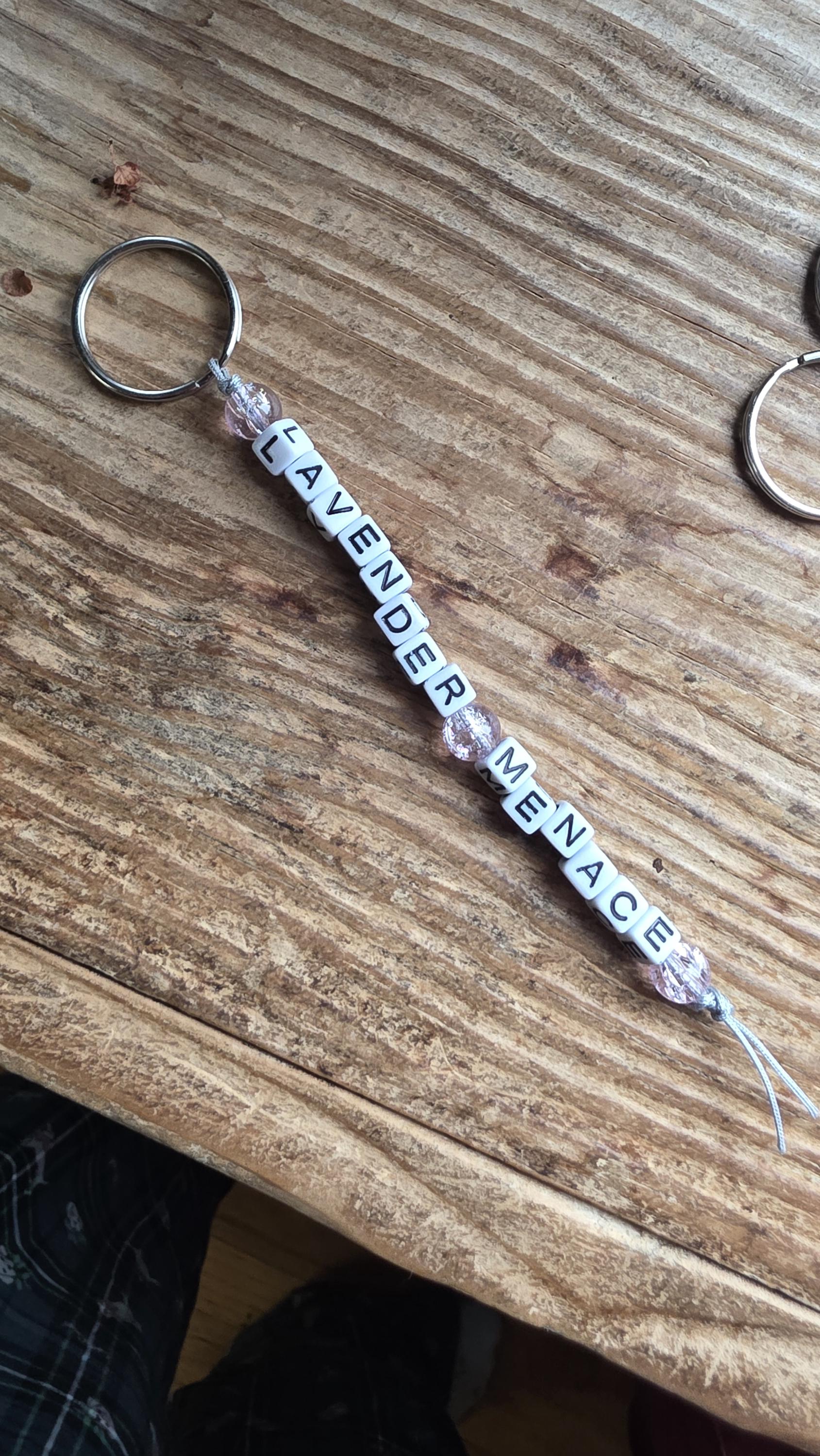 Lavender Menace Keychain, Handmade LGBTQ Keychain, Queer Pride Keychain, Feminist Statement Gift, Beaded Keychain, Radical History Accessory