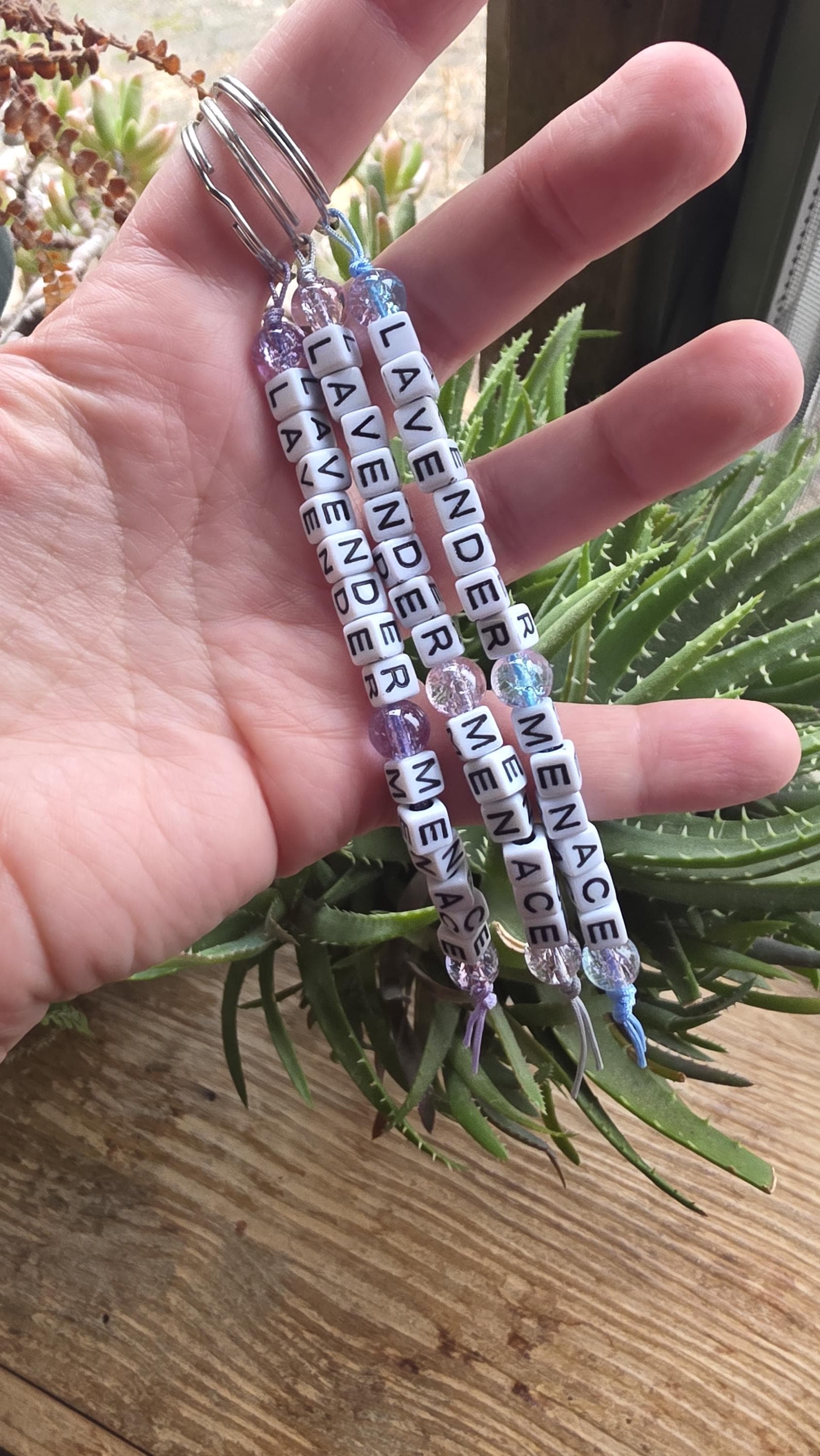 Lavender Menace Keychain, Handmade LGBTQ Keychain, Queer Pride Keychain, Feminist Statement Gift, Beaded Keychain, Radical History Accessory